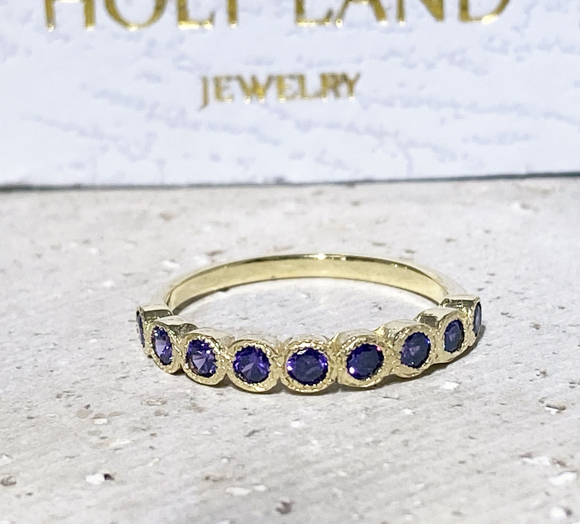 Round Purple Amethyst Nine Stone Half Eternity Stacking Bezel Ring - H.L.Jewelry