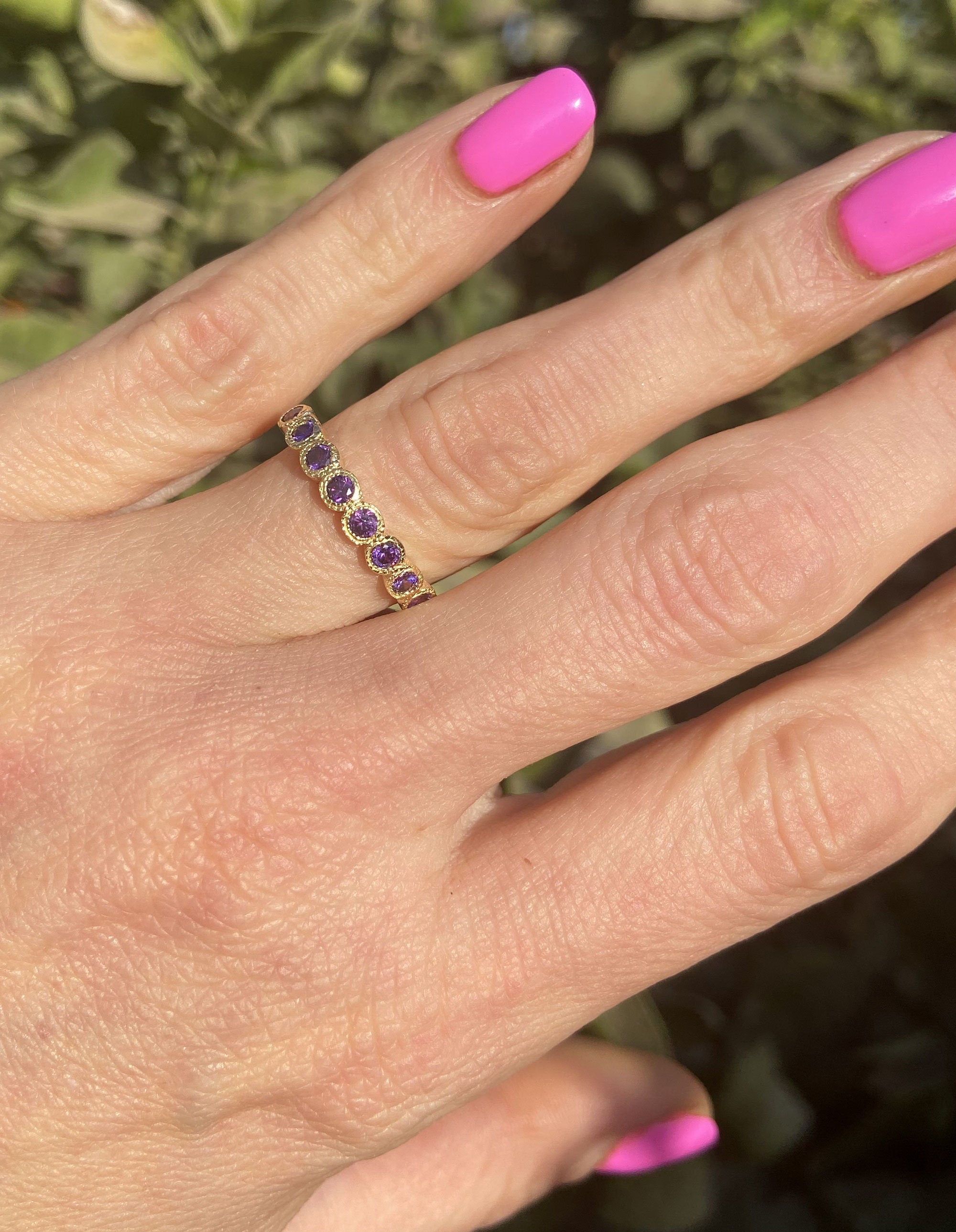 Round Purple Amethyst Nine Stone Half Eternity Stacking Bezel Ring - H.L.Jewelry