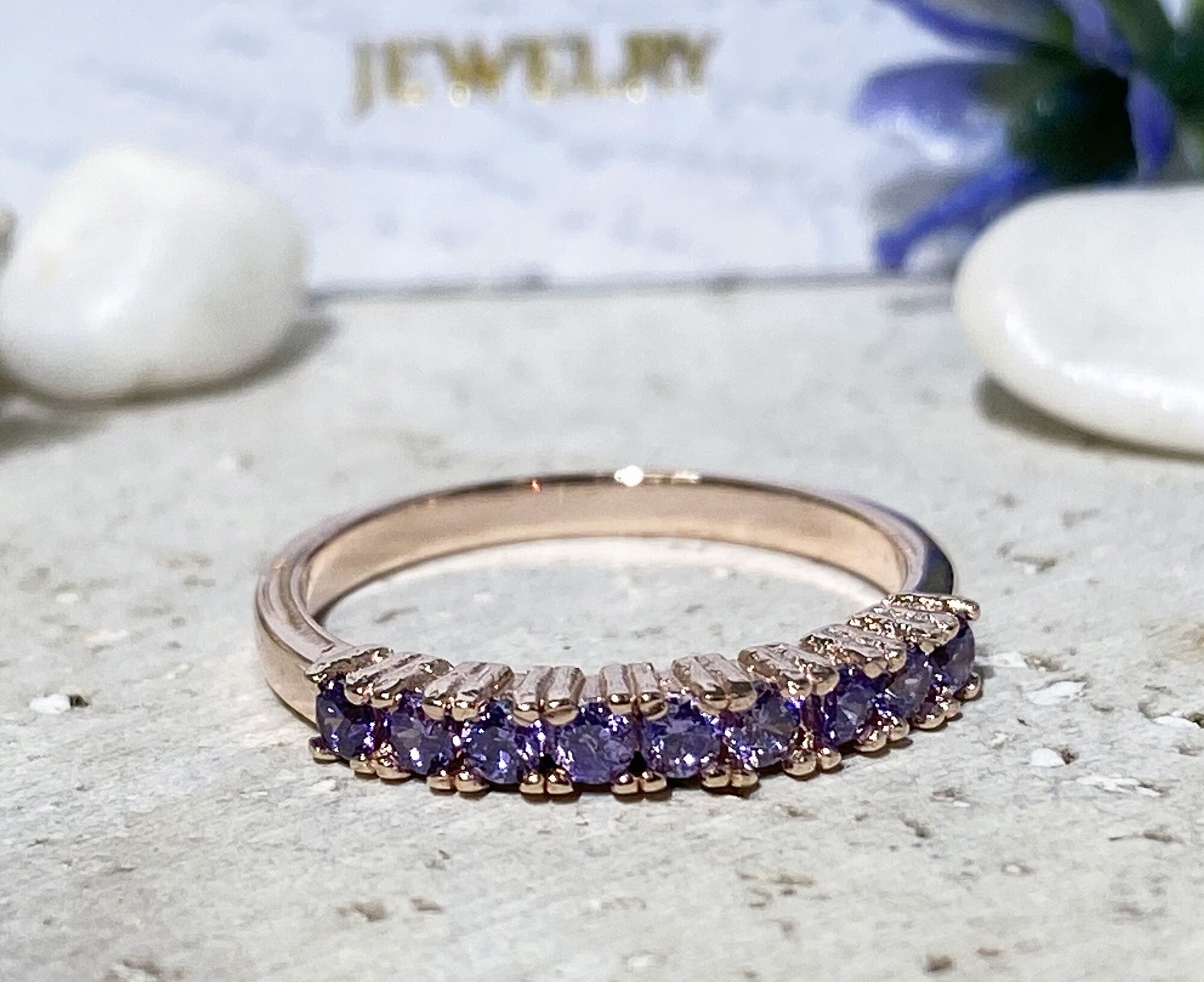 Round Purple Amethyst Nine Stone Stacking Half Eternity Ring - H.L.Jewelry