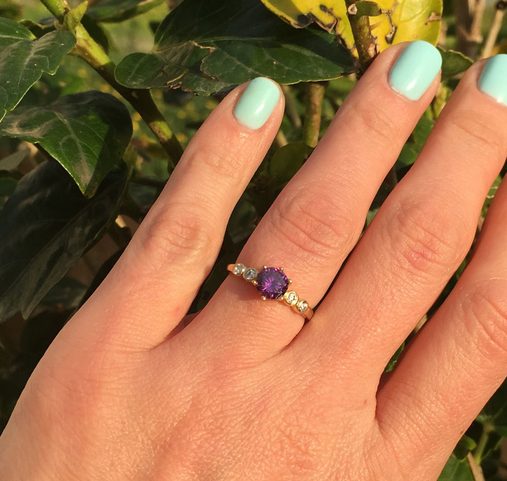 Round Purple Amethyst Ring with Clear Quartz Accents - H.L.Jewelry