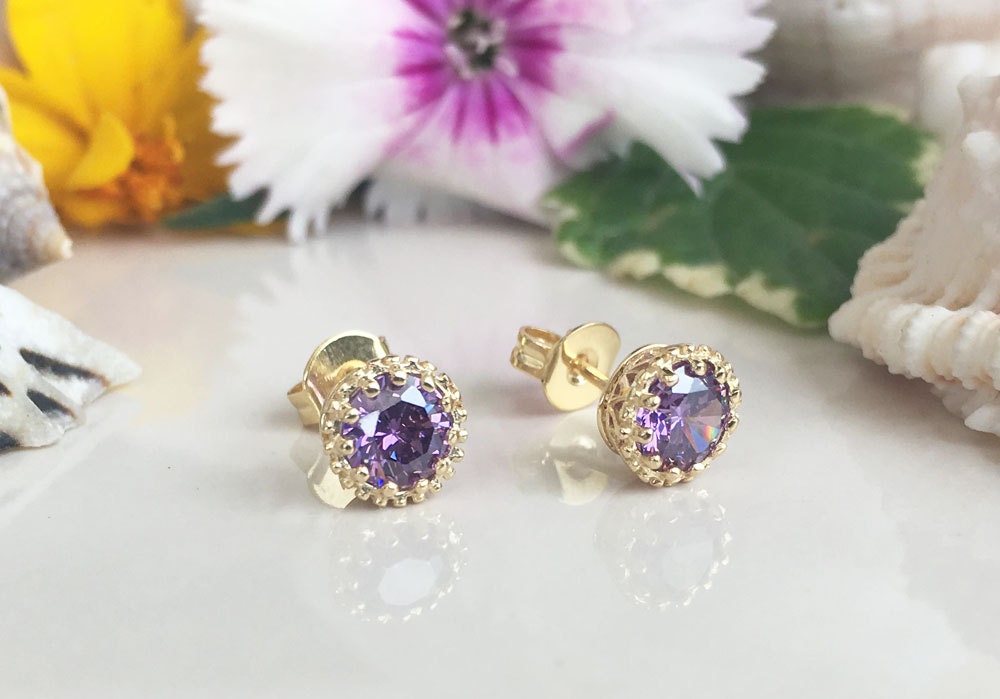 Round Purple Amethyst Simple Stud Earrings - H.L.Jewelry