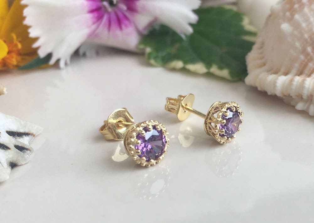 Round Purple Amethyst Simple Stud Earrings - H.L.Jewelry