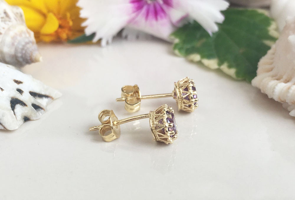 Round Purple Amethyst Simple Stud Earrings - H.L.Jewelry