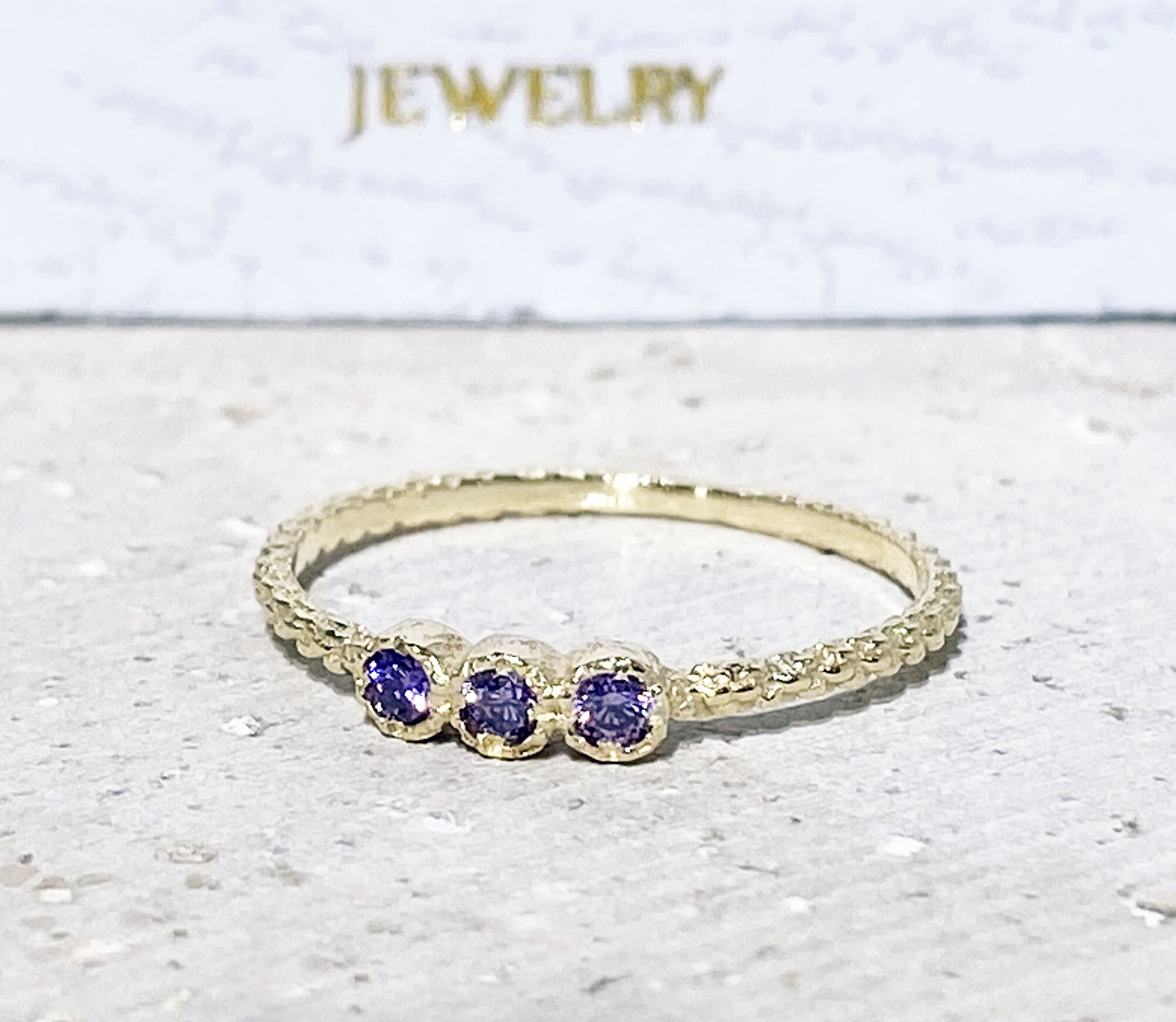 Round Purple Amethyst Three Stone Delicate Stacking Ring - H.L.Jewelry