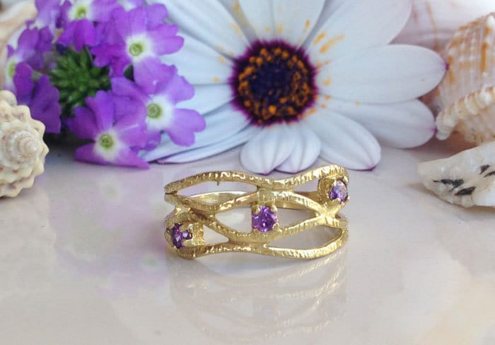 Round Purple Amethyst Three Stone Hammered Band Ring - H.L.Jewelry