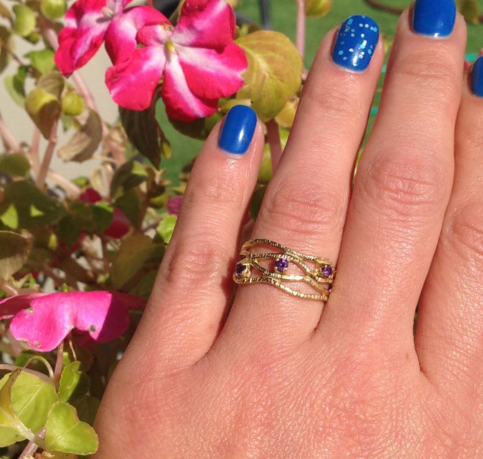 Round Purple Amethyst Three Stone Hammered Band Ring - H.L.Jewelry