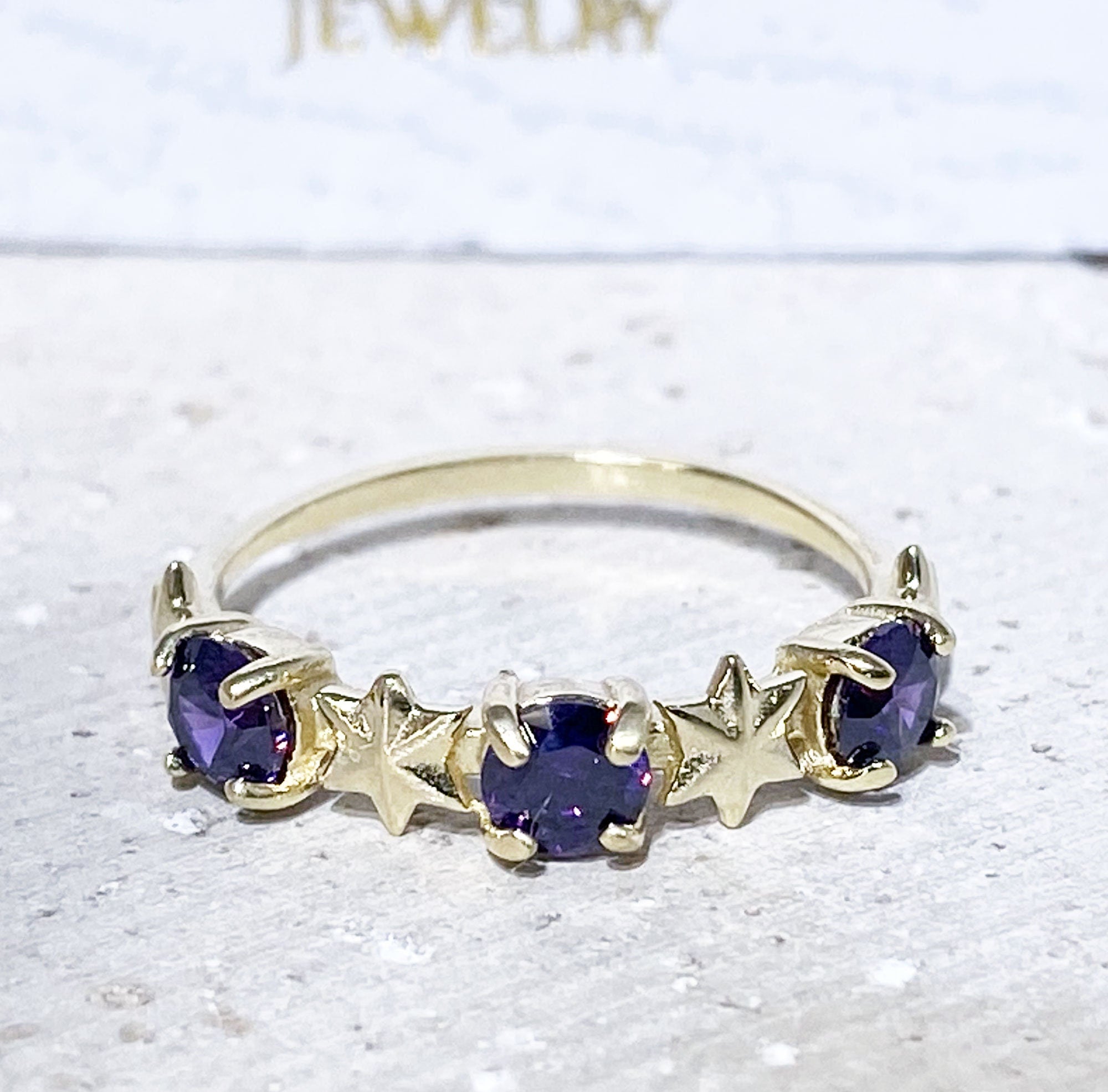 Round Purple Amethyst Three Stone Ring with Star Accents - H.L.Jewelry
