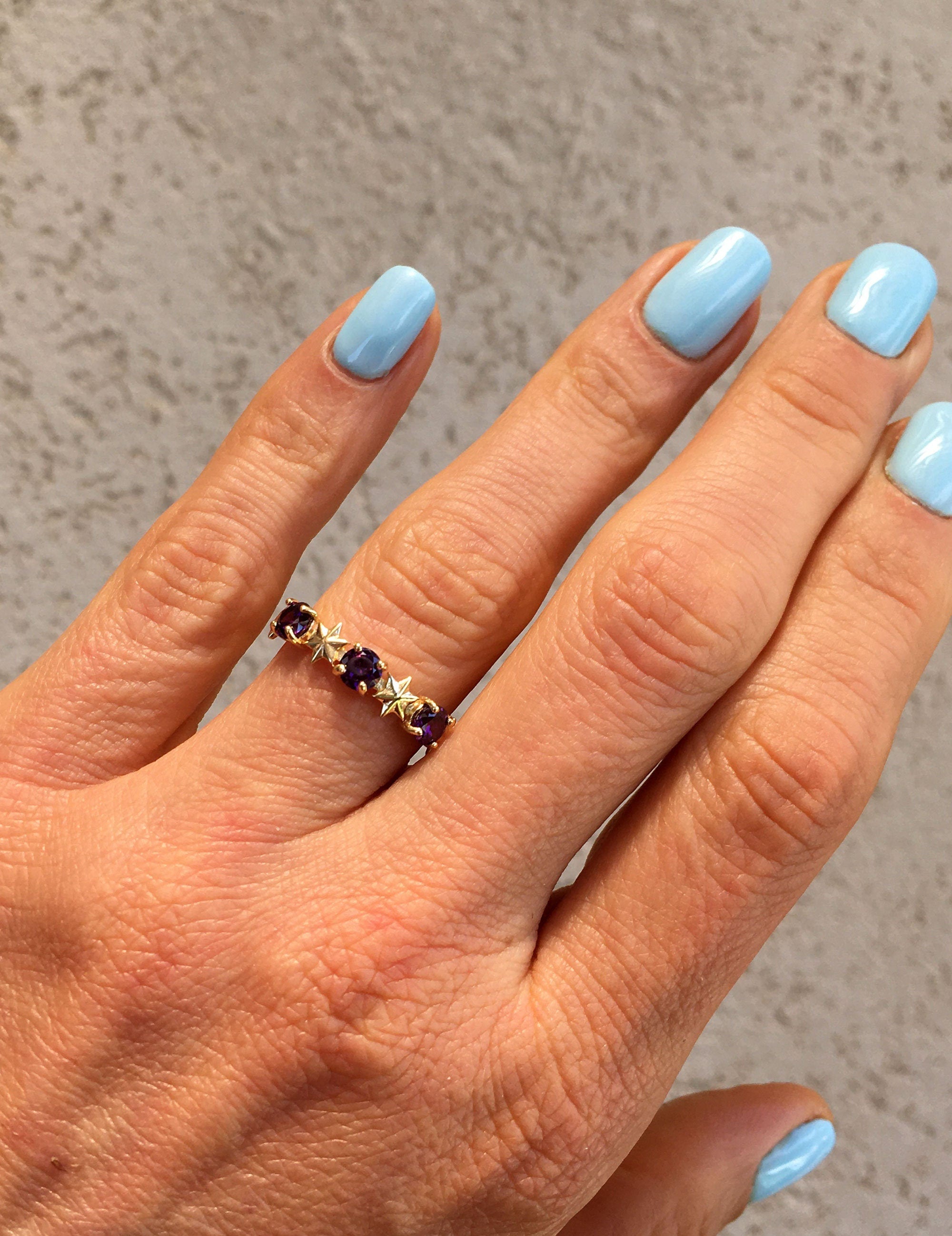 Round Purple Amethyst Three Stone Ring with Star Accents - H.L.Jewelry