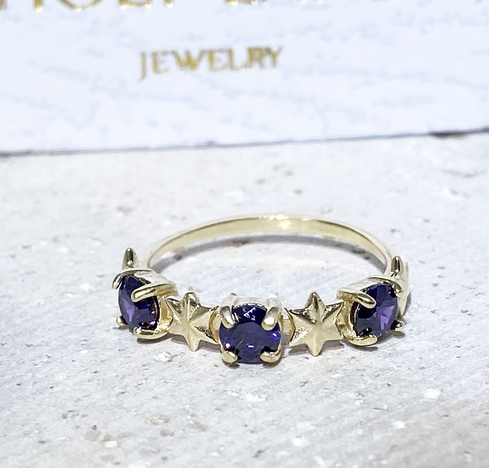 Round Purple Amethyst Three Stone Ring with Star Accents - H.L.Jewelry