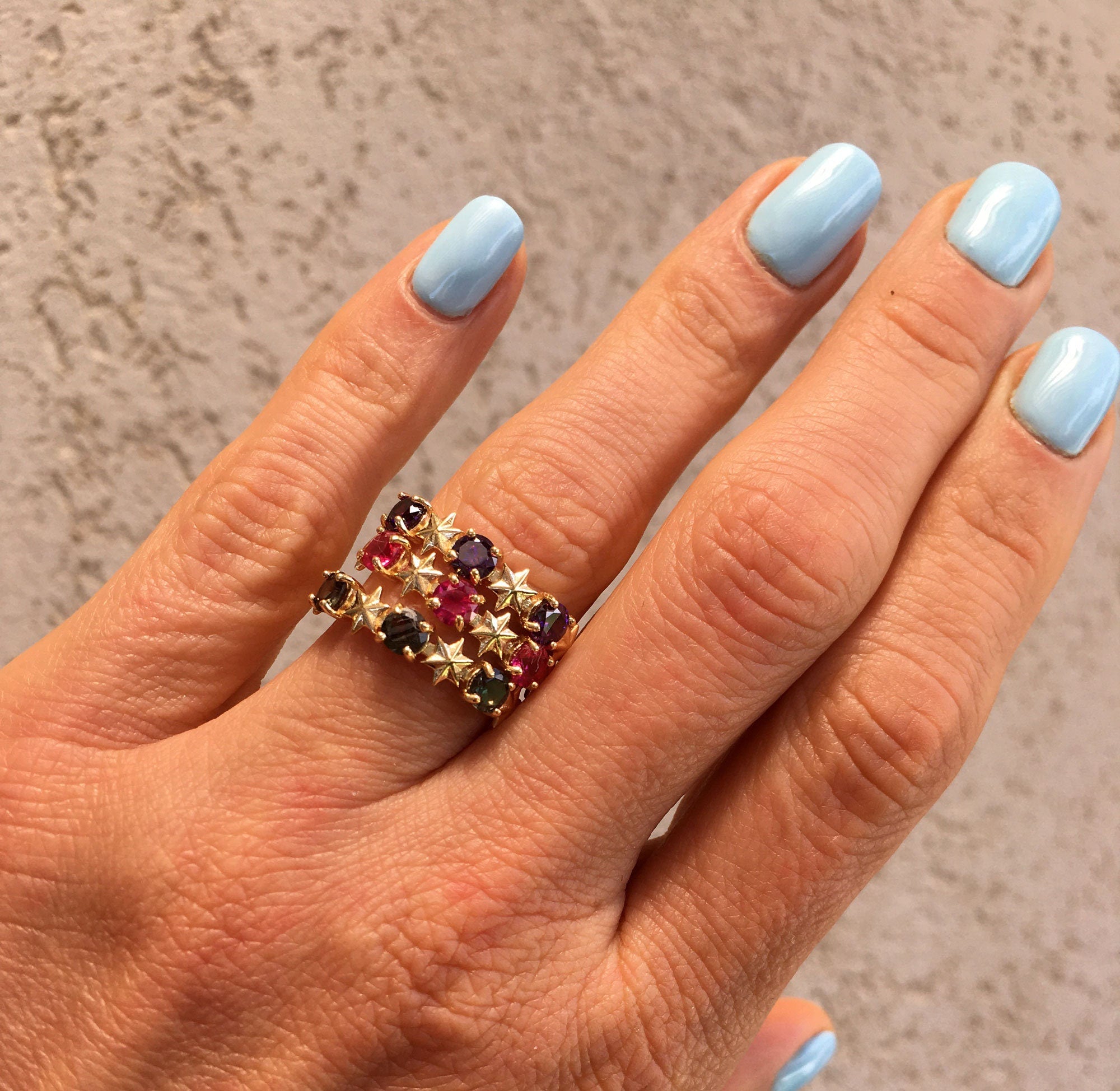 Round Purple Amethyst Three Stone Ring with Star Accents - H.L.Jewelry