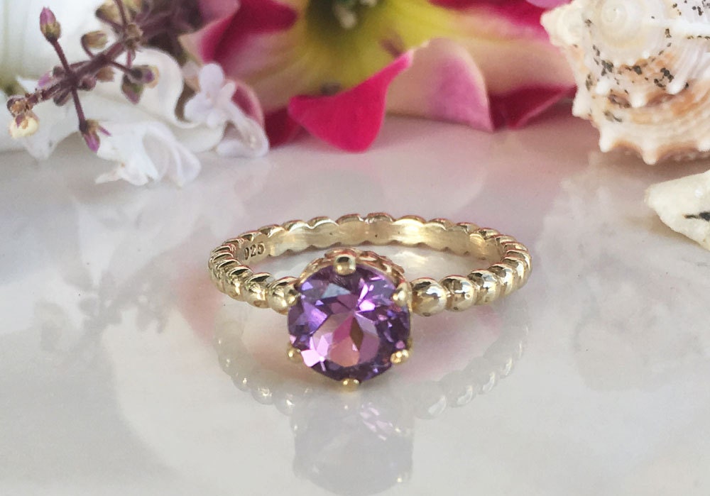 Round Purple Amethyst Vintage Beaded Band Ring - H.L.Jewelry