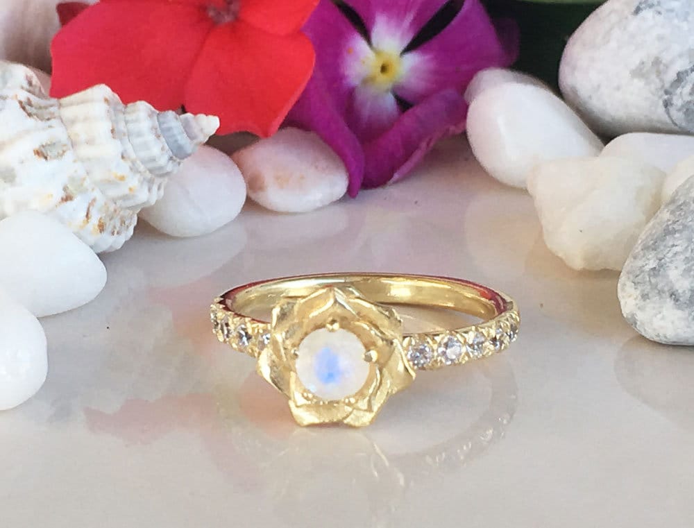 Round Rainbow Moonstone Camellia Ring with Clear Quartz Accents - H.L.Jewelry