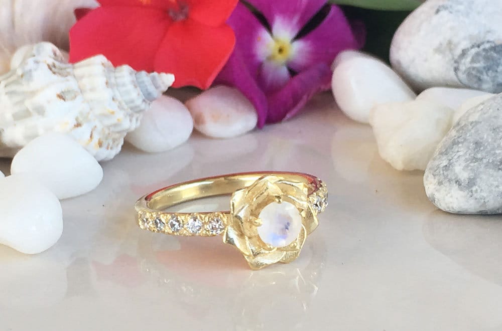 Round Rainbow Moonstone Camellia Ring with Clear Quartz Accents - H.L.Jewelry