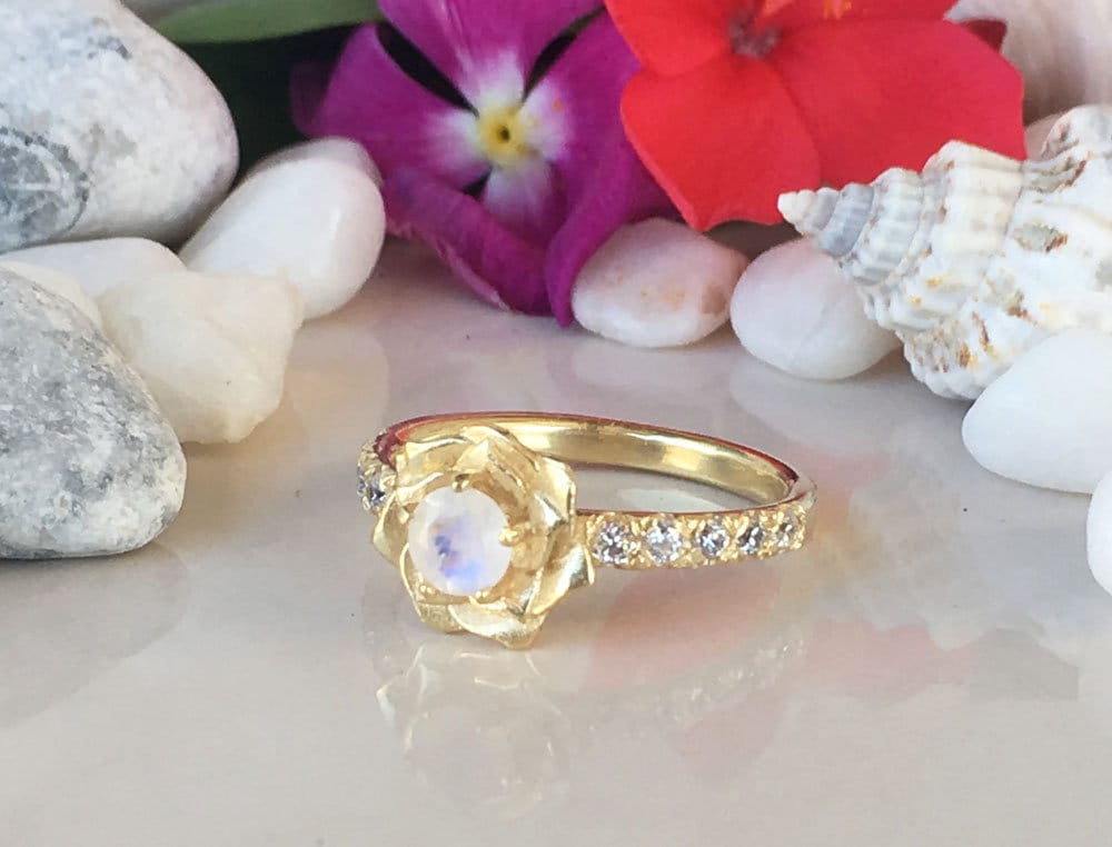 Round Rainbow Moonstone Camellia Ring with Clear Quartz Accents - H.L.Jewelry