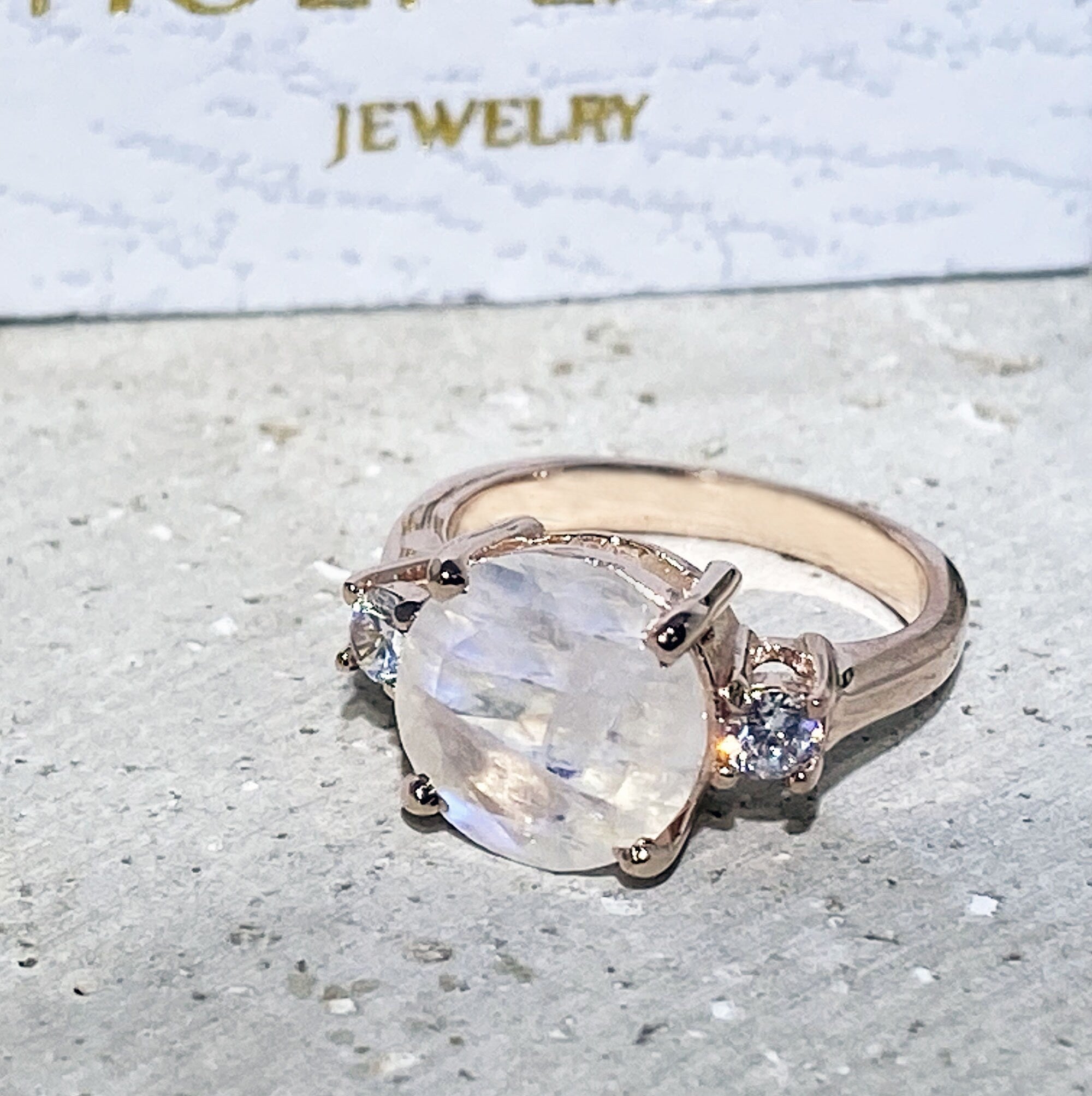 Round Rainbow Moonstone Cocktail Ring with Clear Quartz Accents - H.L.Jewelry