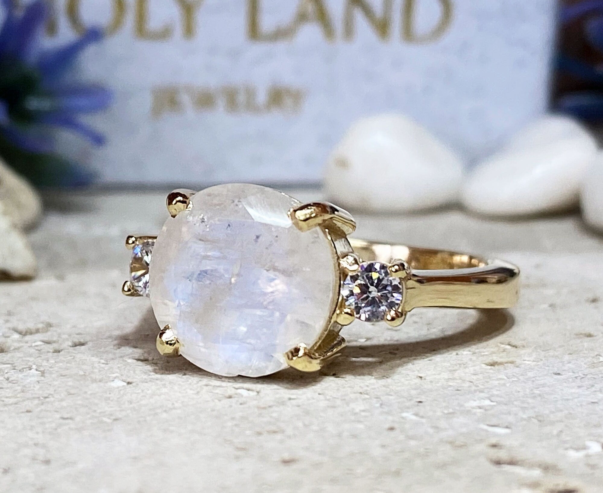 Round Rainbow Moonstone Cocktail Ring with Clear Quartz Accents - H.L.Jewelry