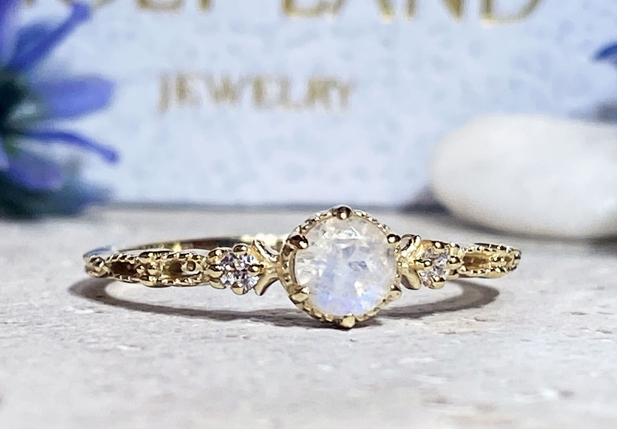 Round Rainbow Moonstone Delicate Ring with Clear Quartz Accents - H.L.Jewelry
