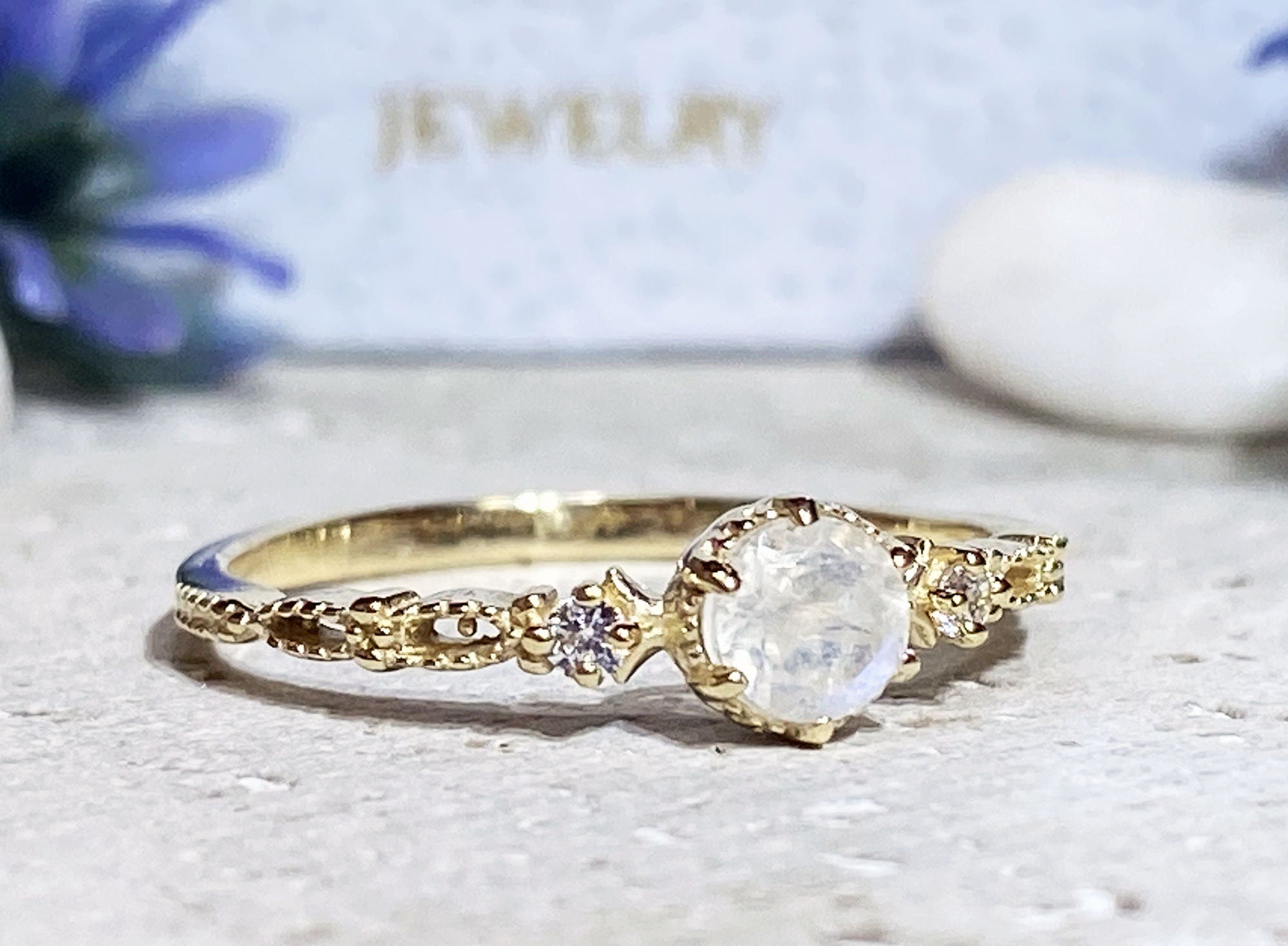 Round Rainbow Moonstone Delicate Ring with Clear Quartz Accents - H.L.Jewelry