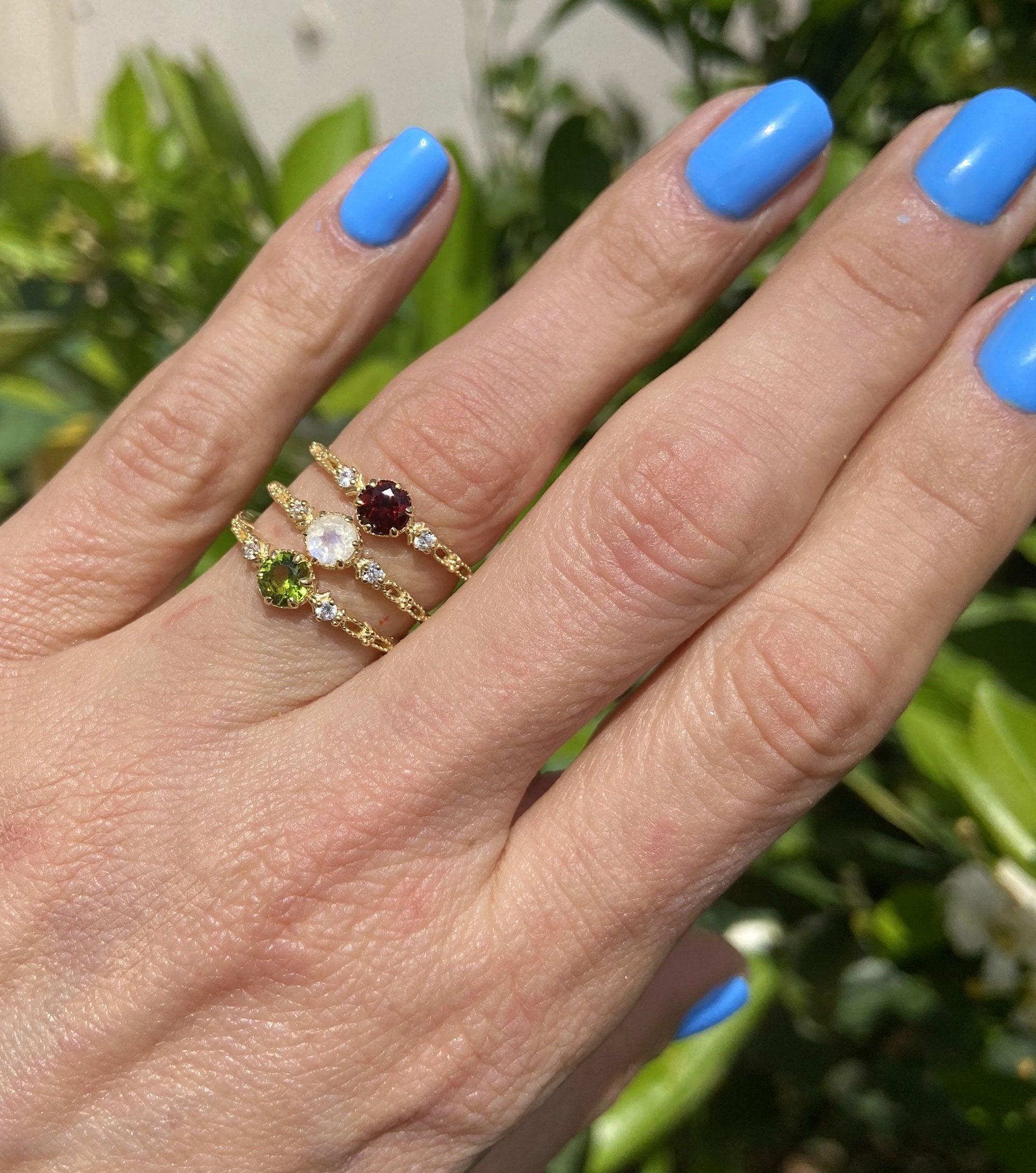 Round Rainbow Moonstone Delicate Ring with Clear Quartz Accents - H.L.Jewelry