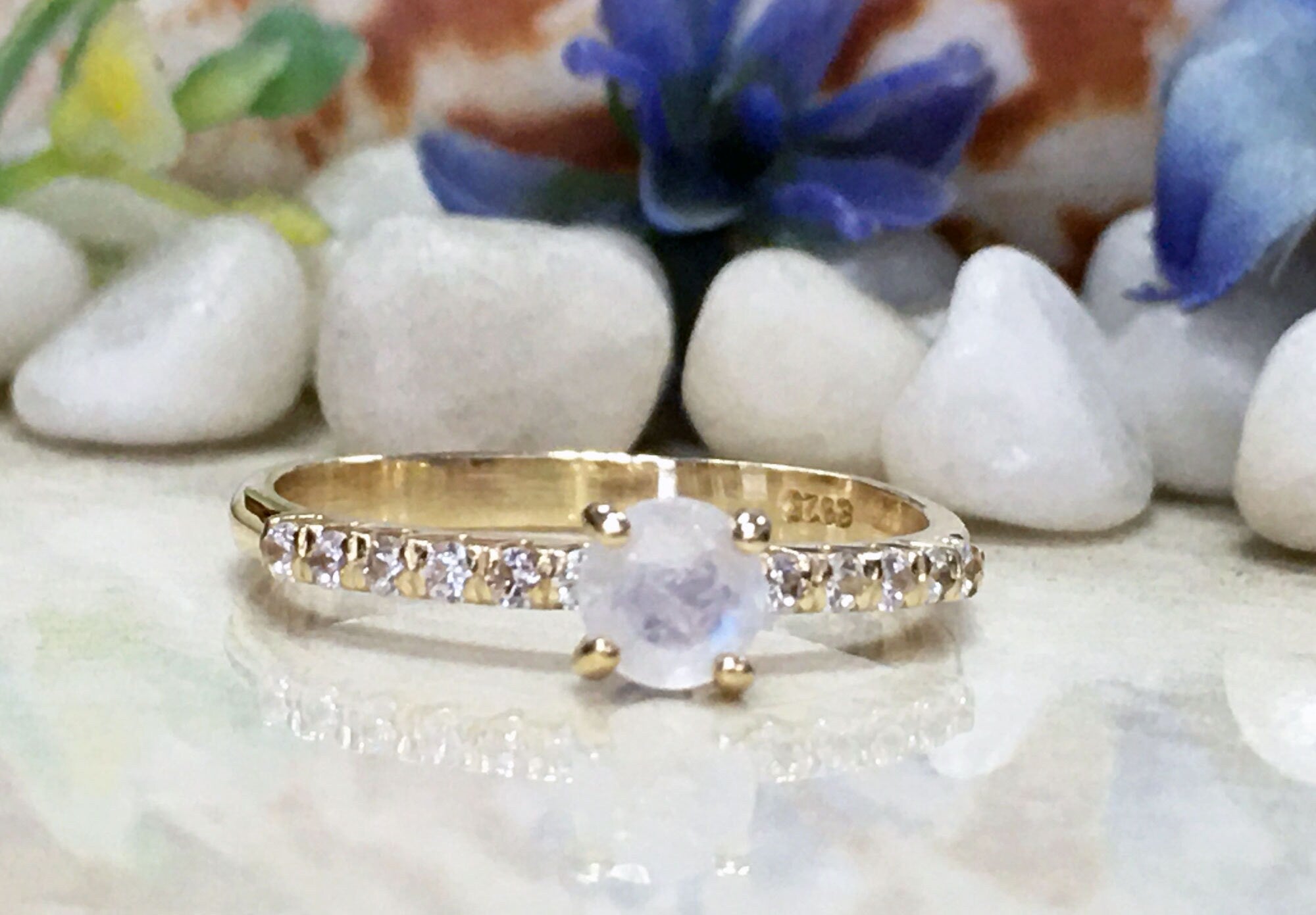 Round Rainbow Moonstone Delicate Ring with Clear Quartz Accents - H.L.Jewelry