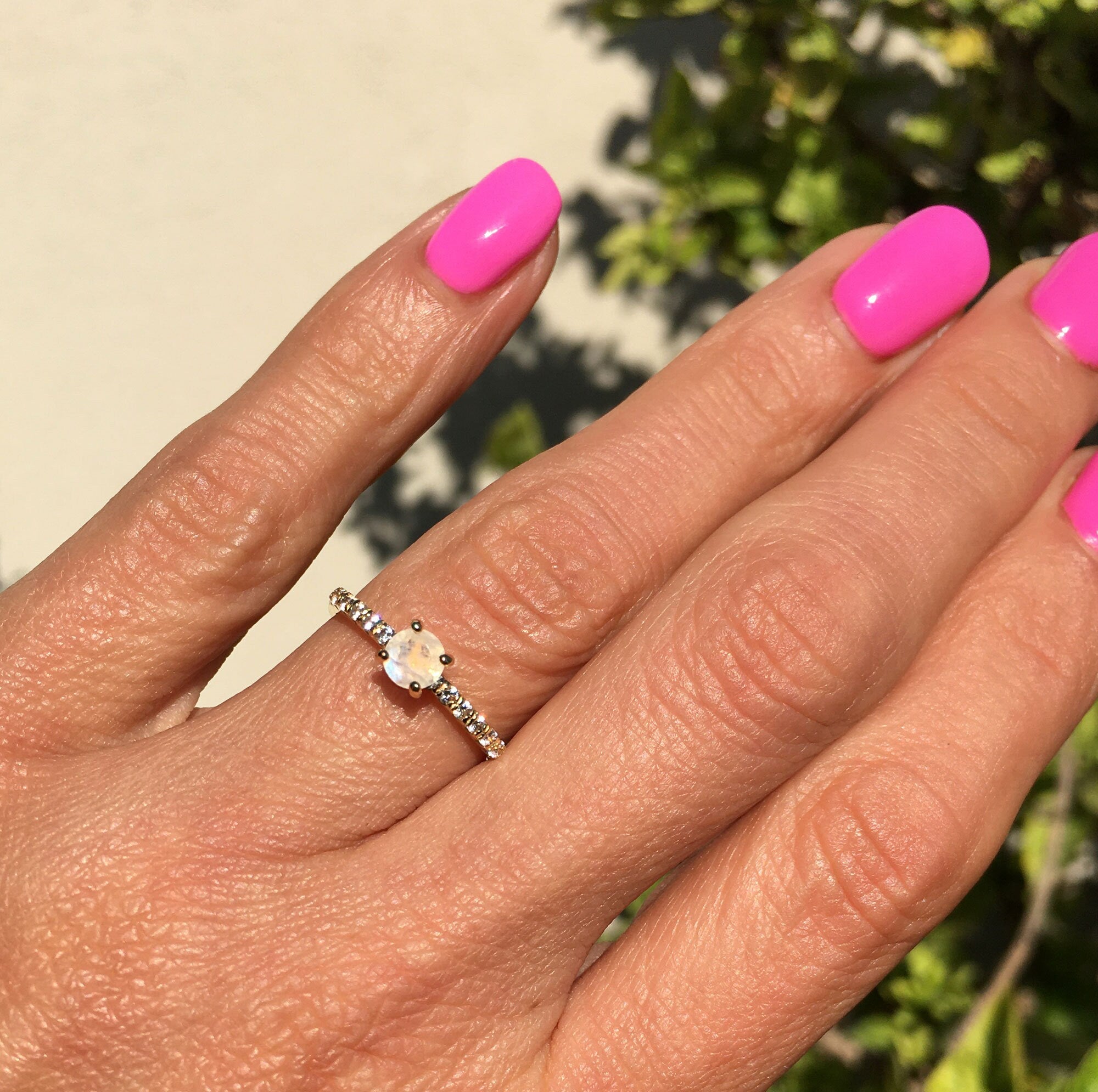 Round Rainbow Moonstone Delicate Ring with Clear Quartz Accents - H.L.Jewelry