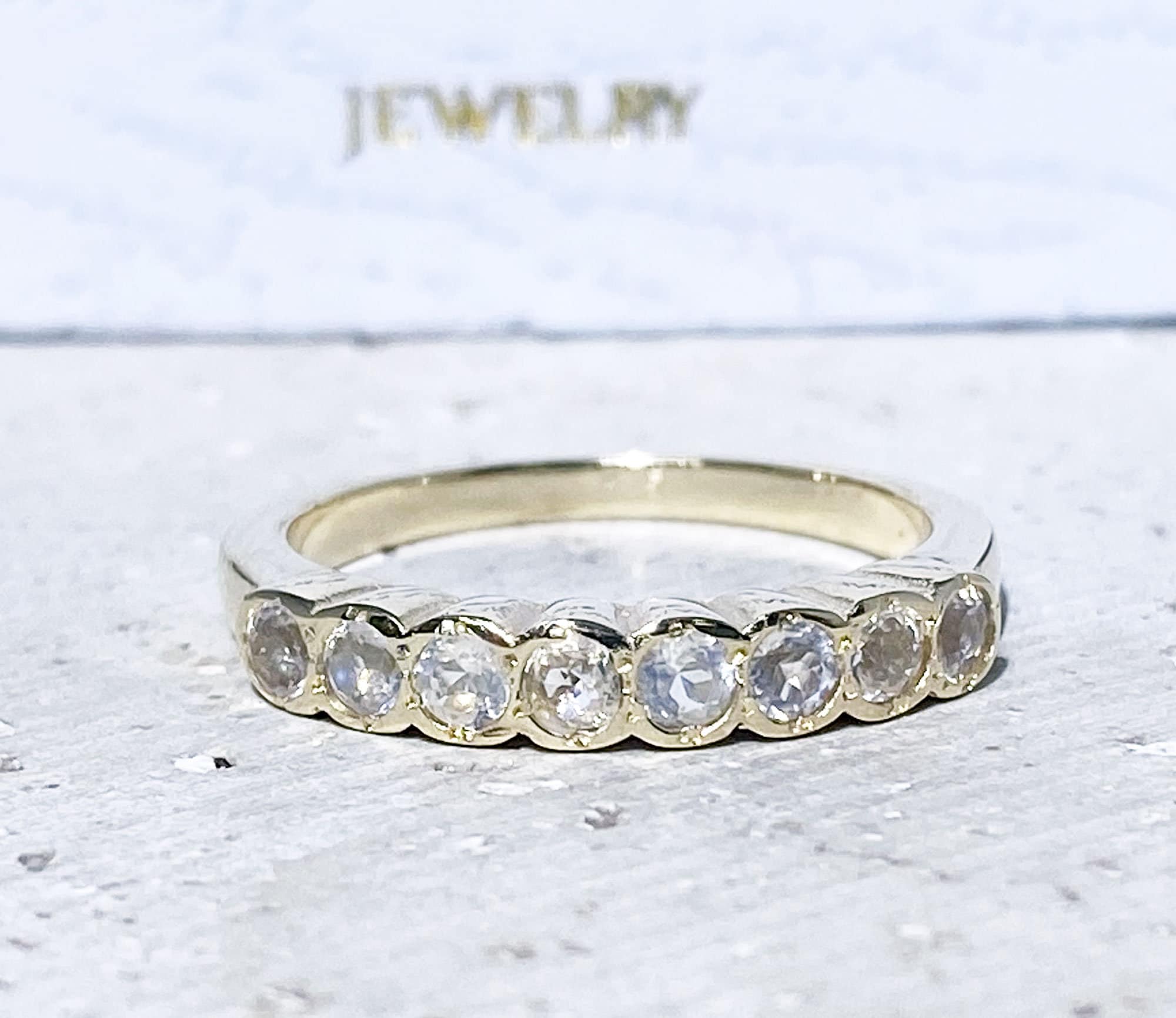 Round Rainbow Moonstone Eight Stone Stackable Half Eternity Bezel Ring - H.L.Jewelry