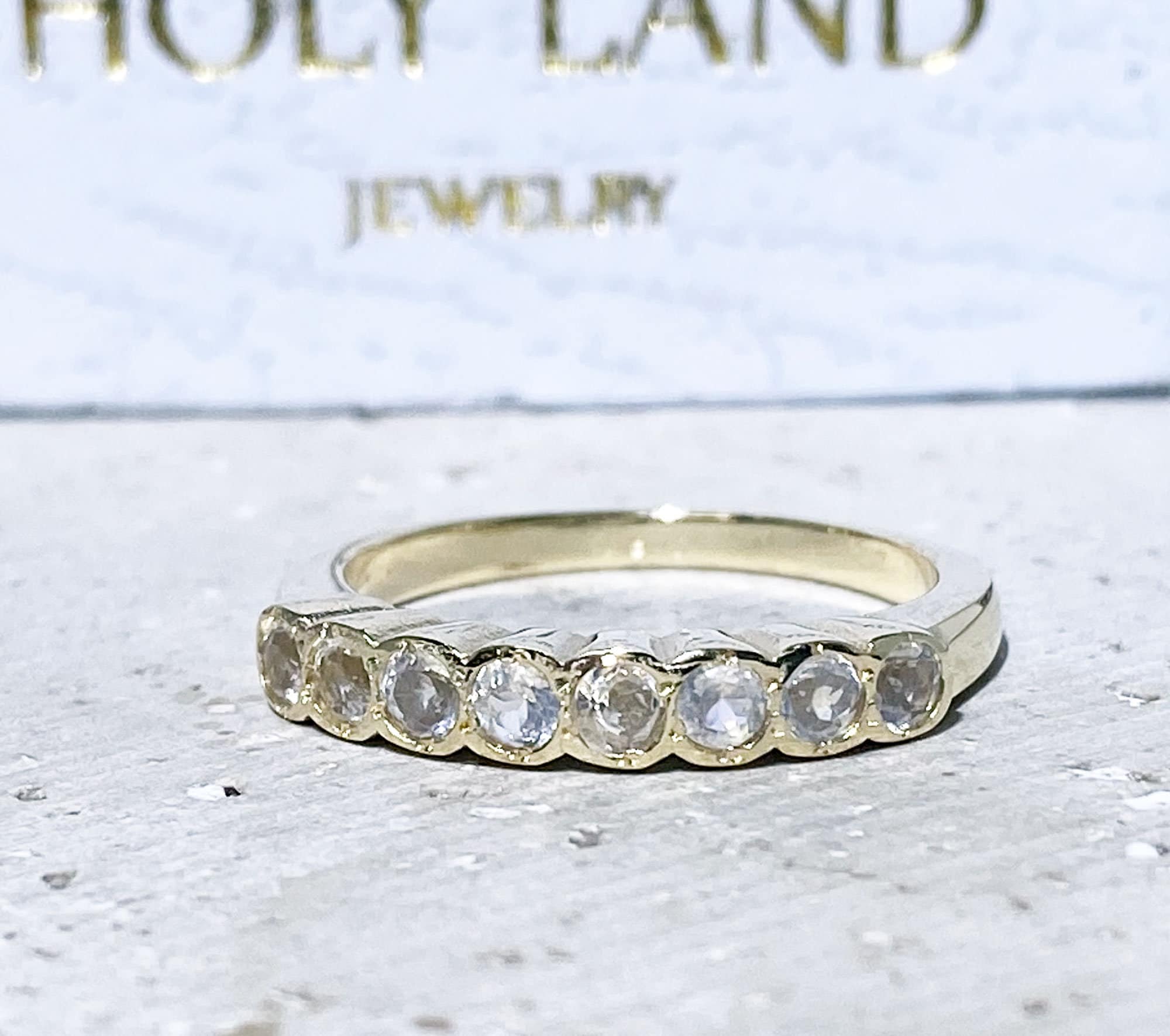 Round Rainbow Moonstone Eight Stone Stackable Half Eternity Bezel Ring - H.L.Jewelry