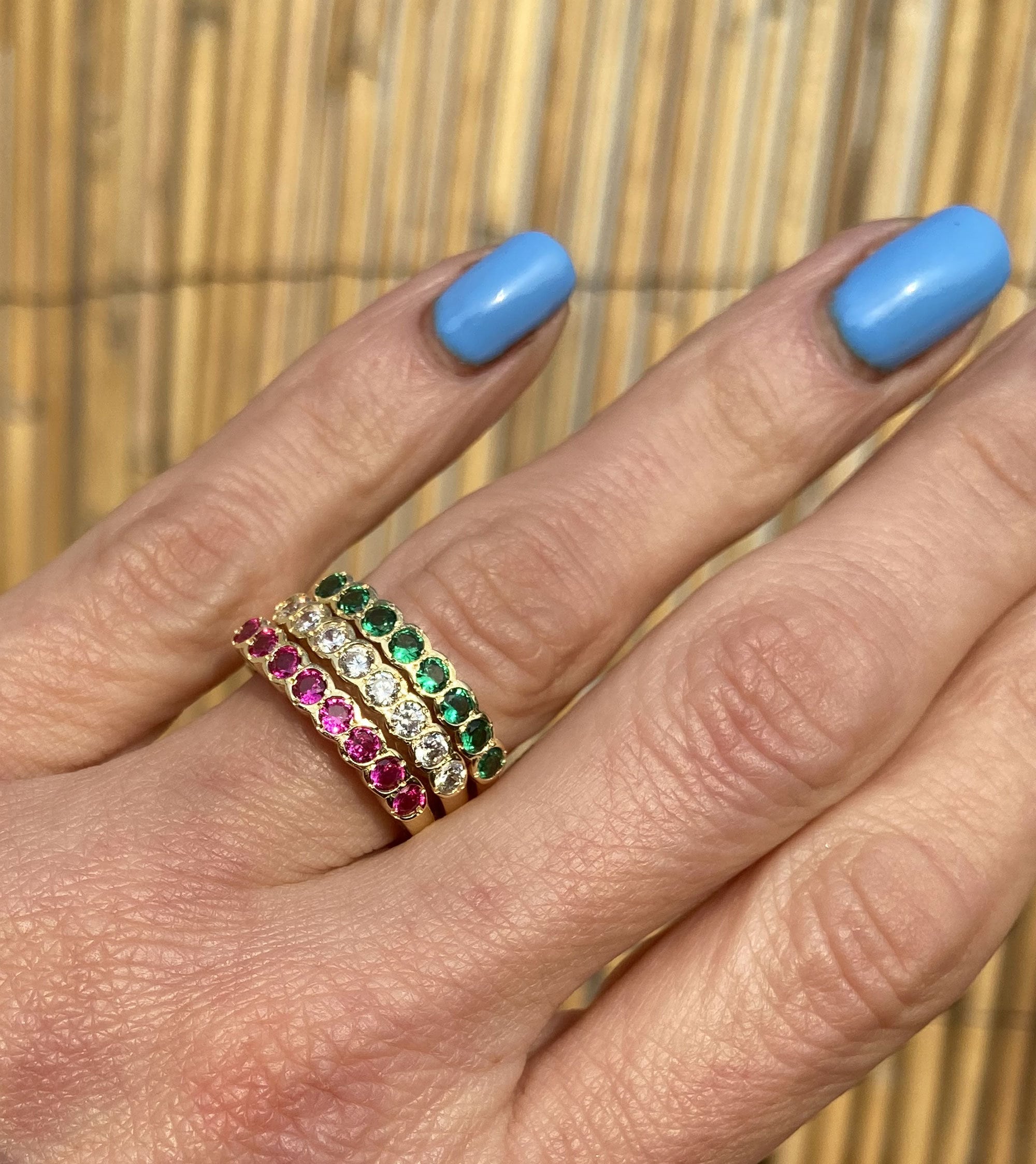 Round Rainbow Moonstone Eight Stone Stackable Half Eternity Bezel Ring - H.L.Jewelry