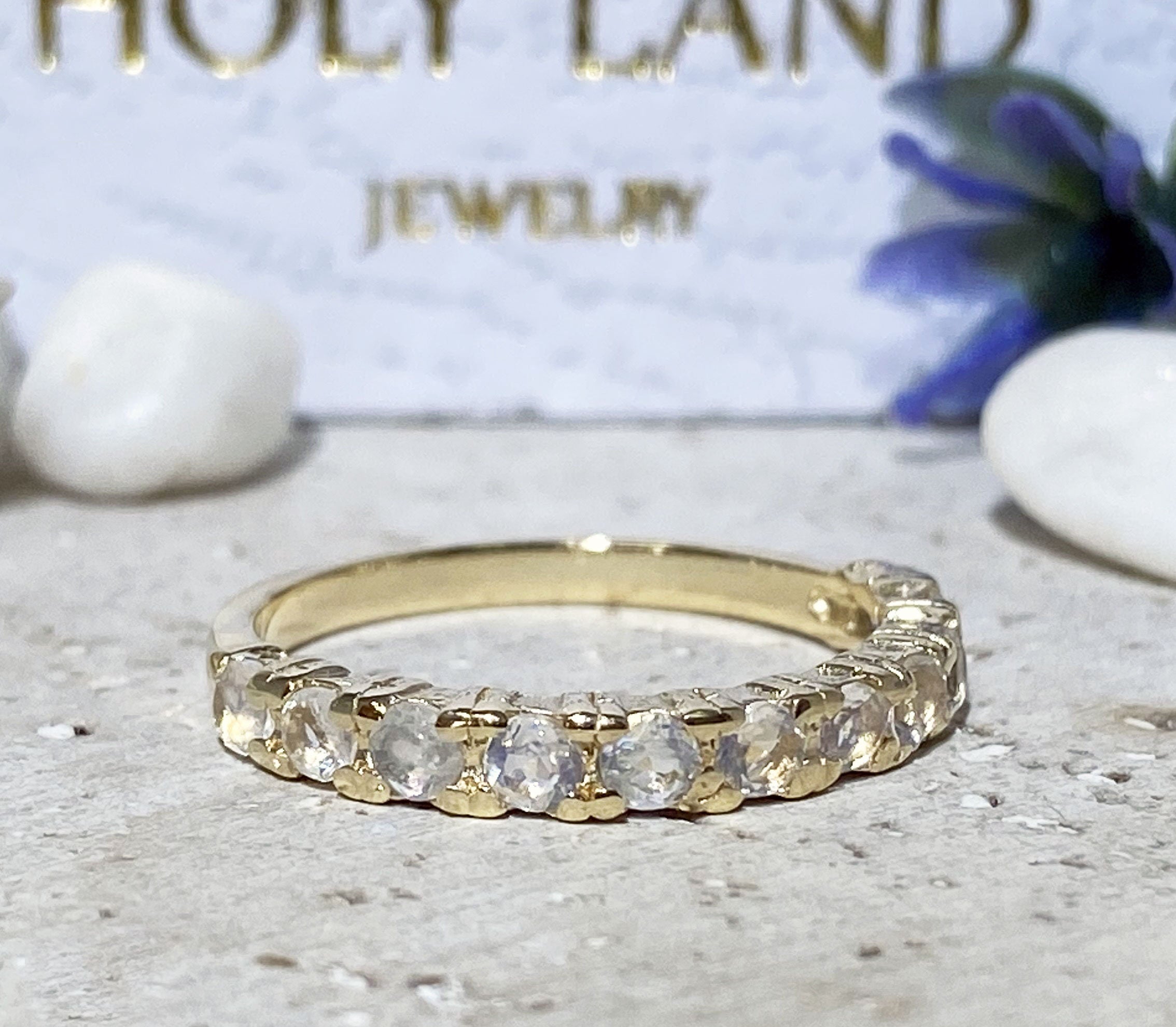 Round Rainbow Moonstone Eleven-Stone Stackable Half Eternity Ring - H.L.Jewelry