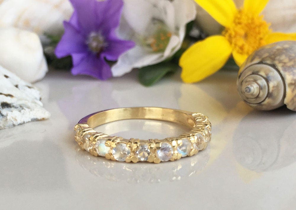 Round Rainbow Moonstone Eleven-Stone Stackable Half Eternity Ring - H.L.Jewelry