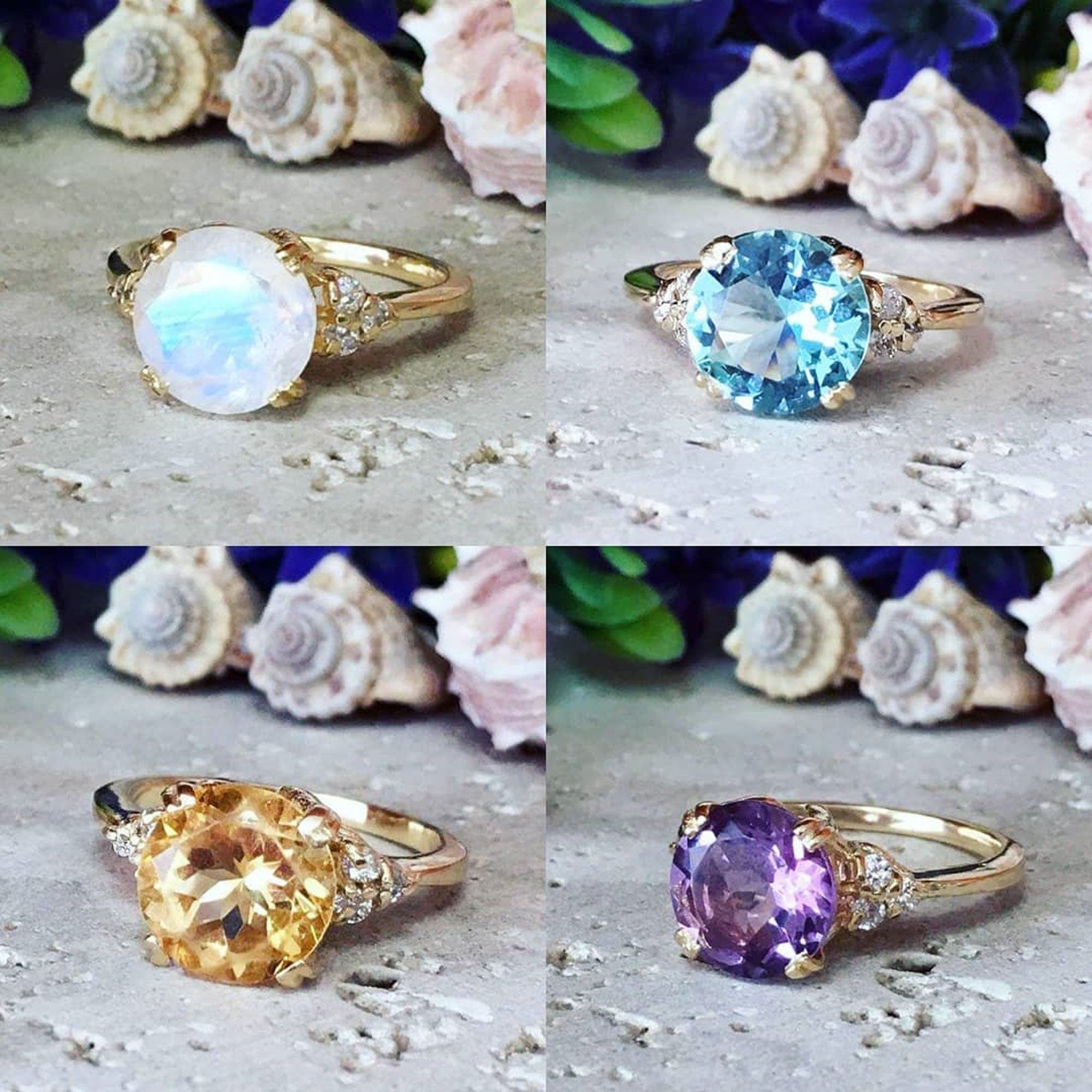 Round Rainbow Moonstone Engagement Ring with Clear Quartz Accents - H.L.Jewelry