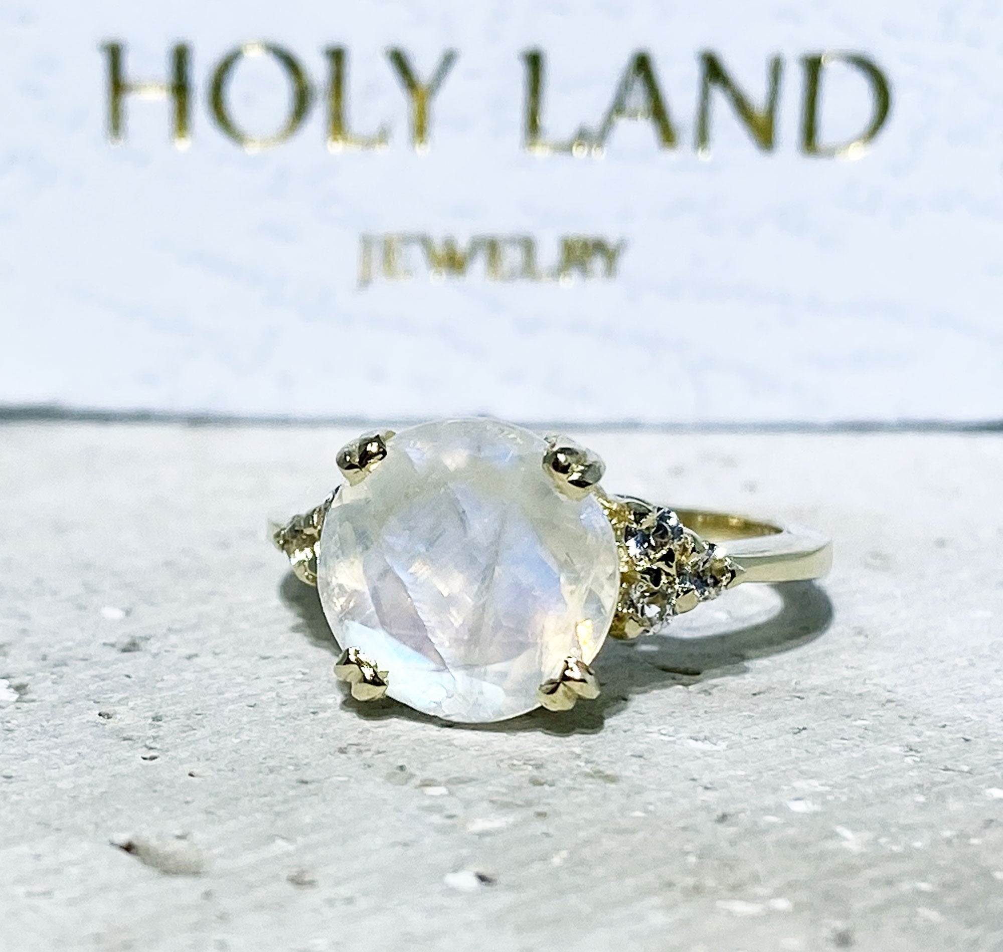 Round Rainbow Moonstone Engagement Ring with Clear Quartz Accents - H.L.Jewelry
