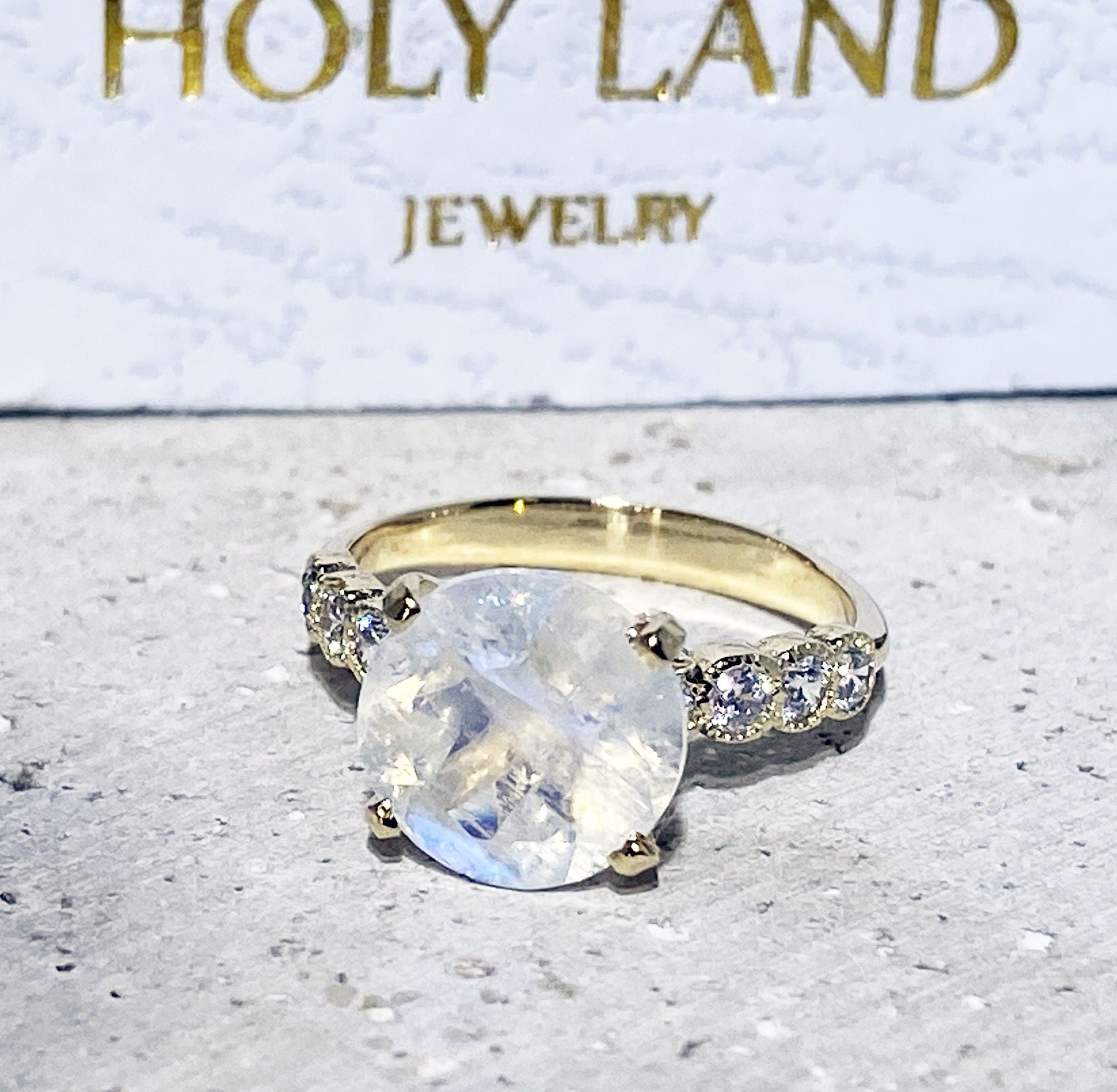 Round Rainbow Moonstone Engagement Ring with Clear Quartz Accents - H.L.Jewelry
