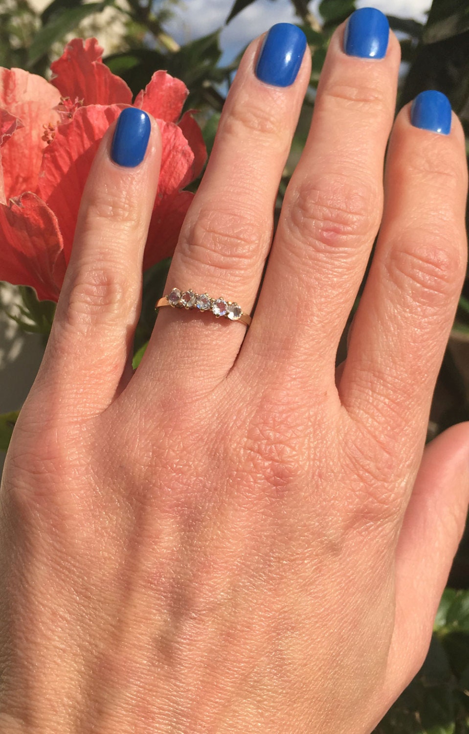 Round Rainbow Moonstone Five-Stone Stackable Ring - H.L.Jewelry