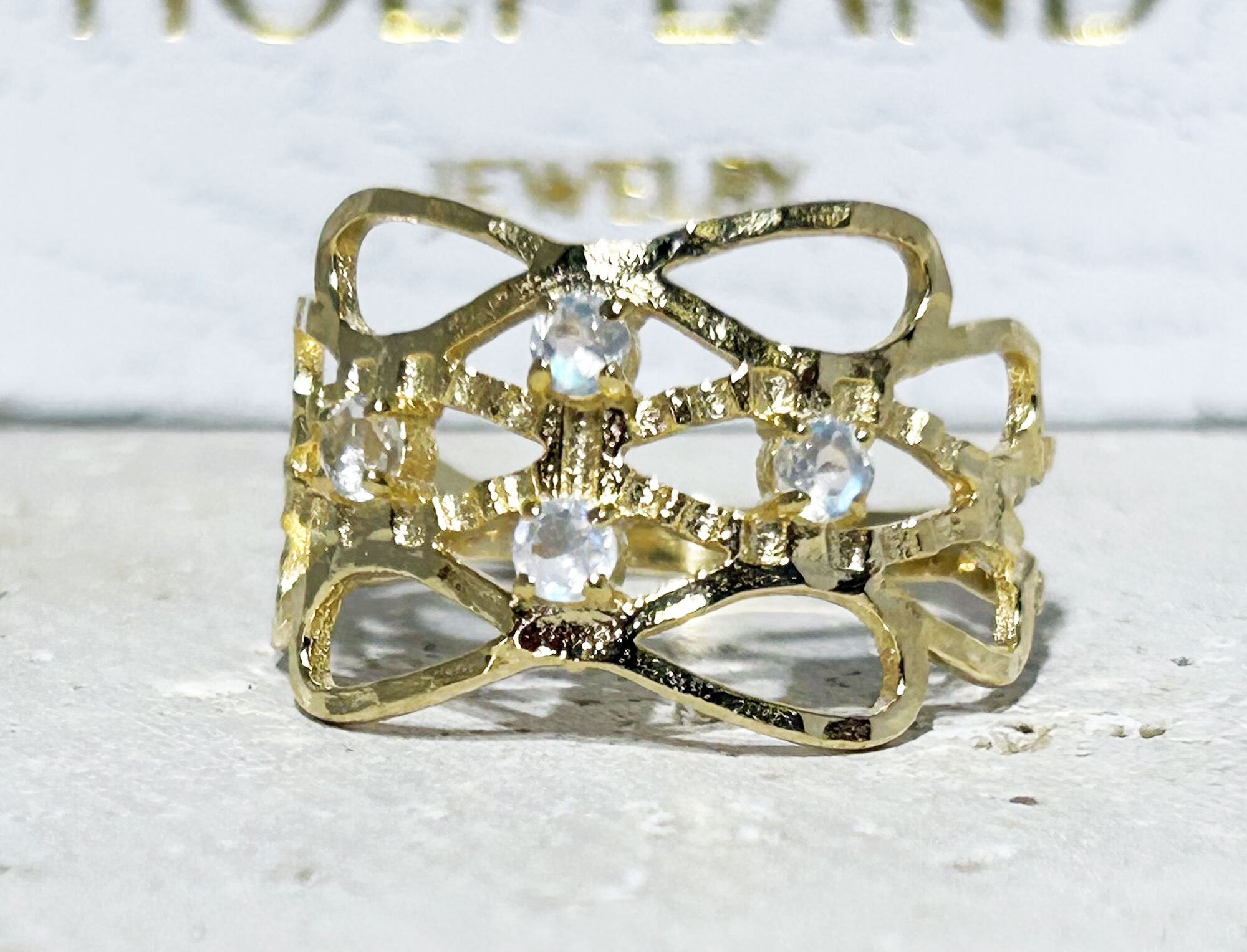 Round Rainbow Moonstone Four Stone Hammered Band Ring - H.L.Jewelry