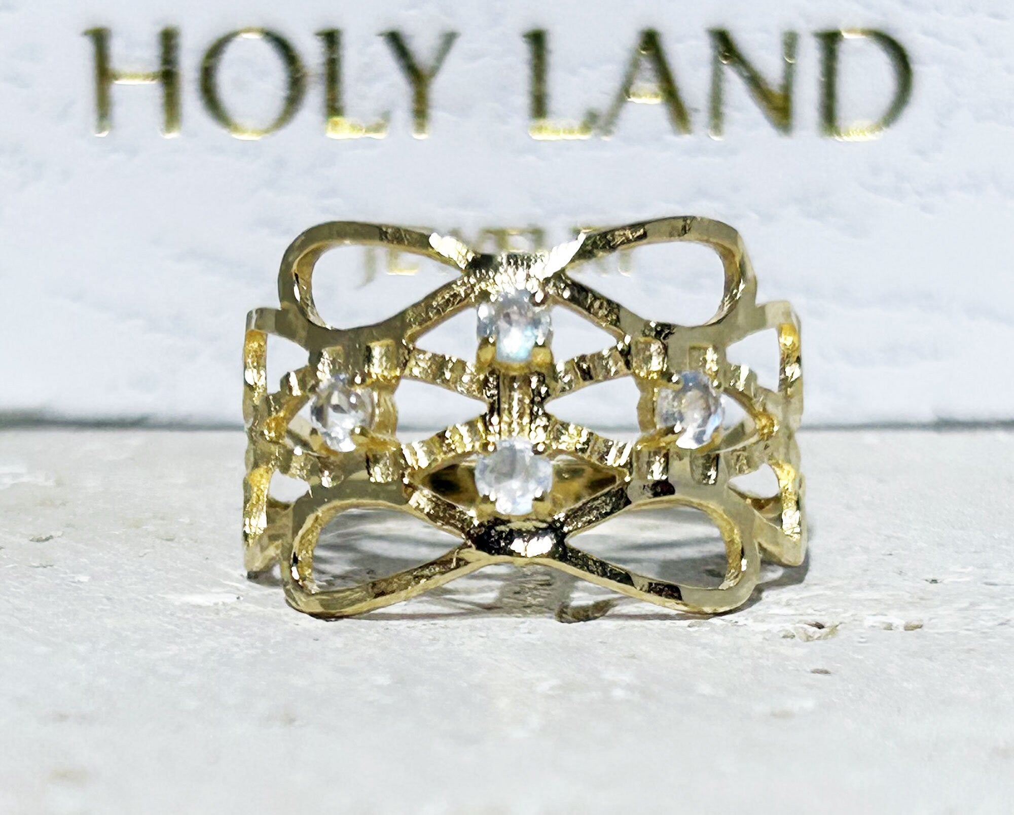 Round Rainbow Moonstone Four Stone Hammered Band Ring - H.L.Jewelry