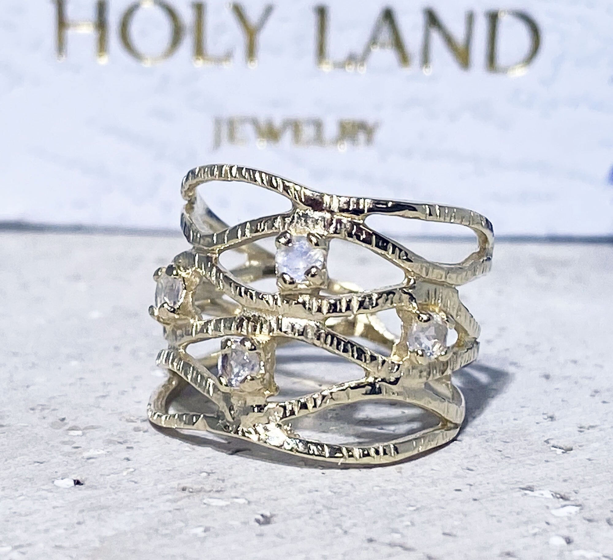 Round Rainbow Moonstone Four Stone Wide Hammered Band Ring - H.L.Jewelry