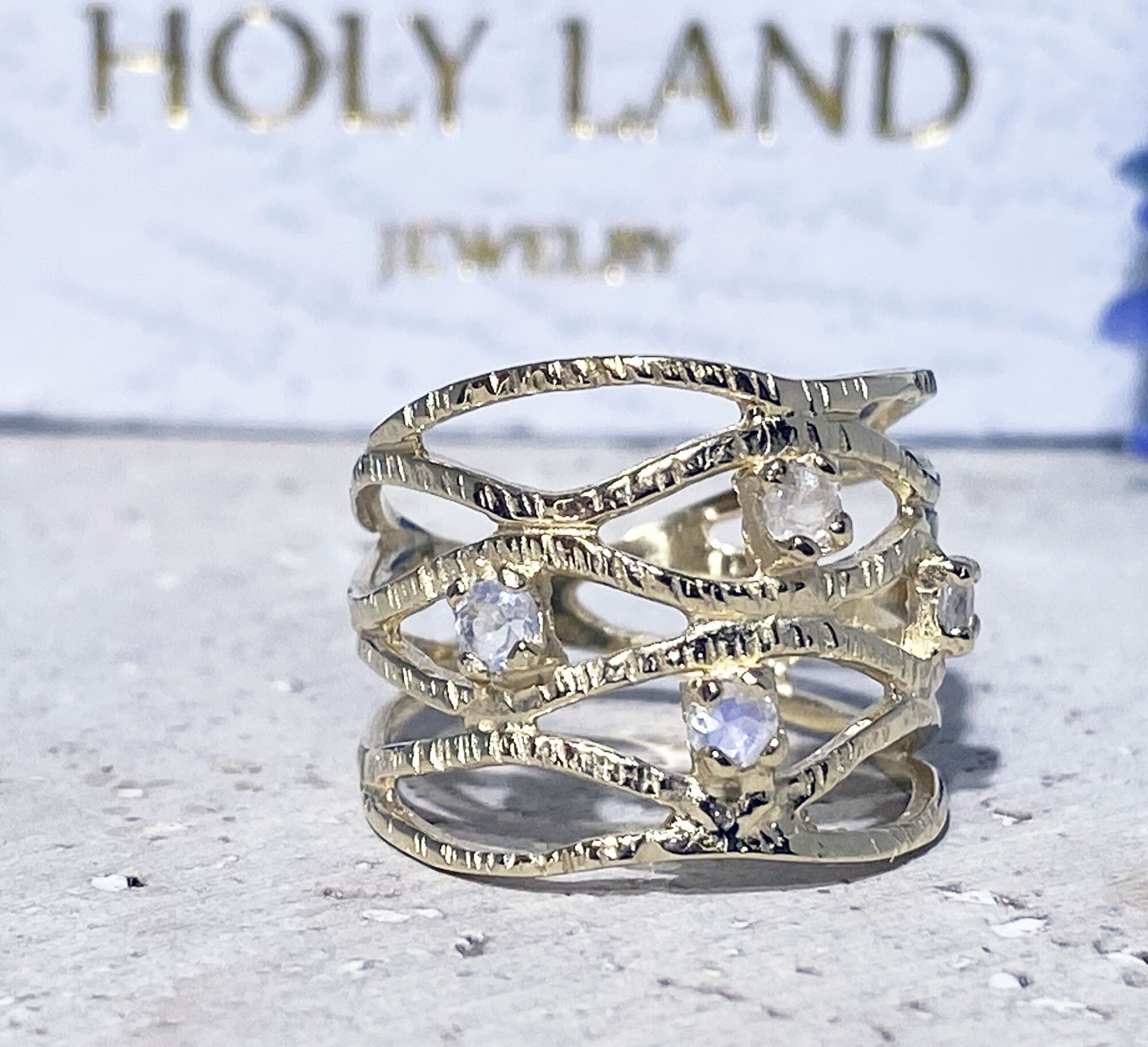 Round Rainbow Moonstone Four Stone Wide Hammered Band Ring - H.L.Jewelry