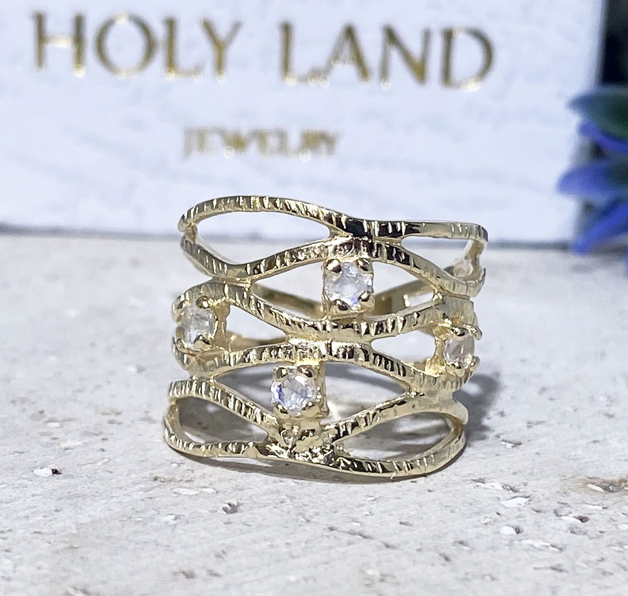 Round Rainbow Moonstone Four Stone Wide Hammered Band Ring - H.L.Jewelry