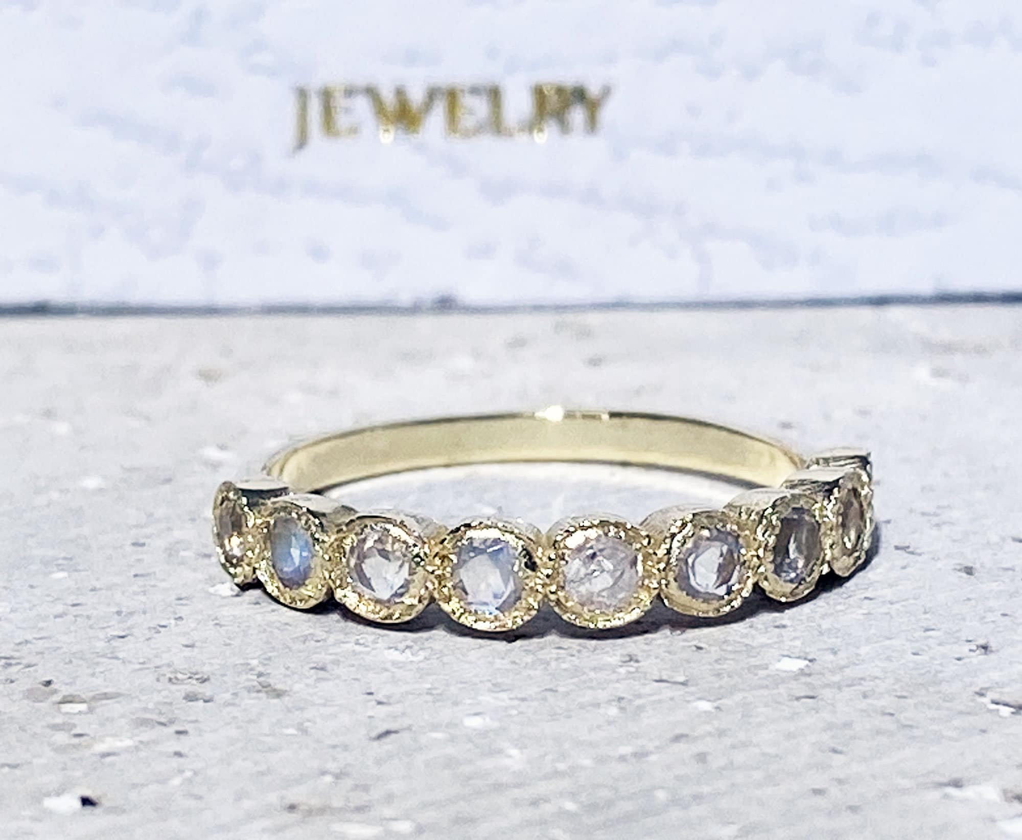 Round Rainbow Moonstone Nine-Stone Stackable Half Eternity Bezel Ring - H.L.Jewelry