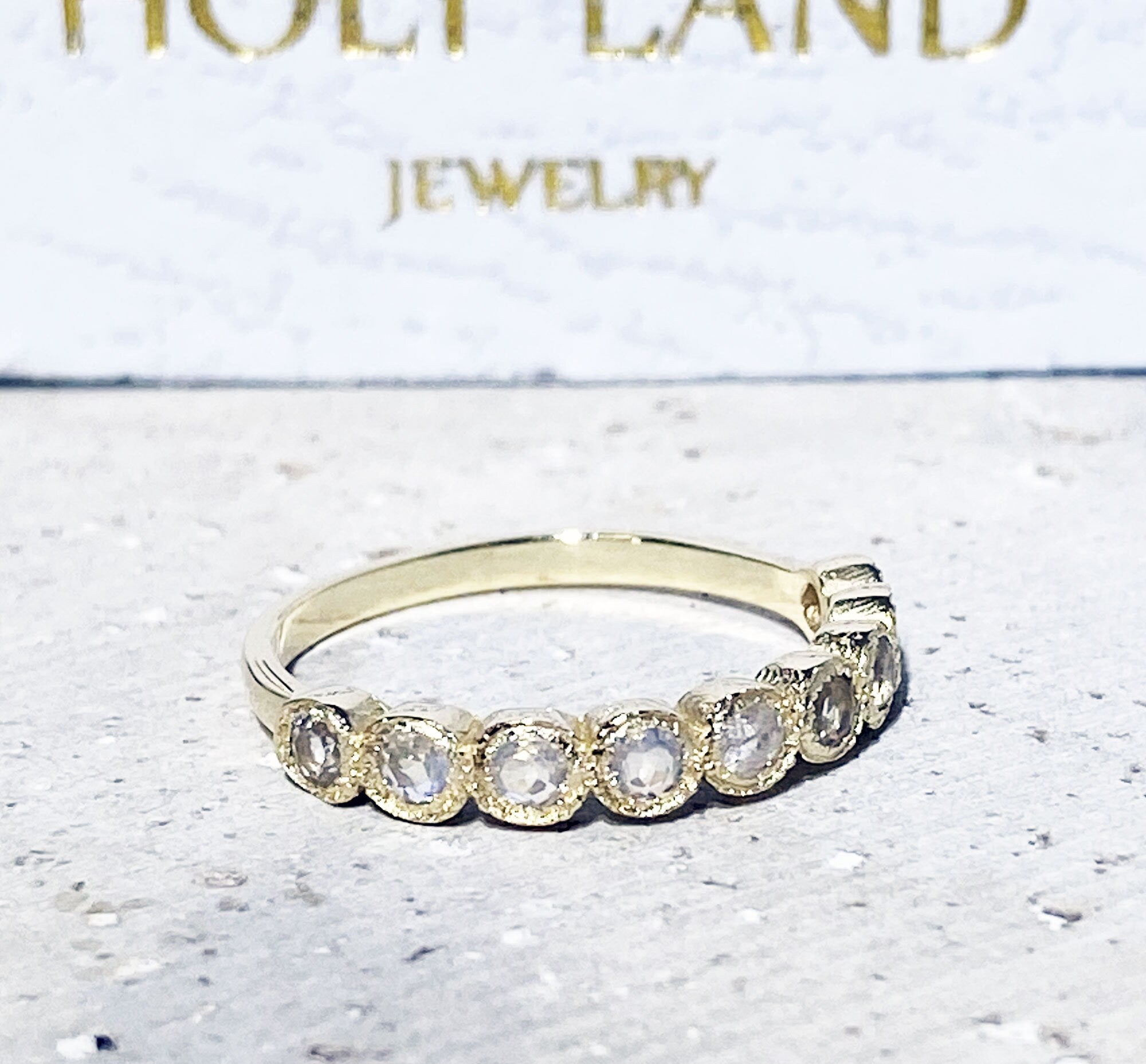 Round Rainbow Moonstone Nine-Stone Stackable Half Eternity Bezel Ring - H.L.Jewelry