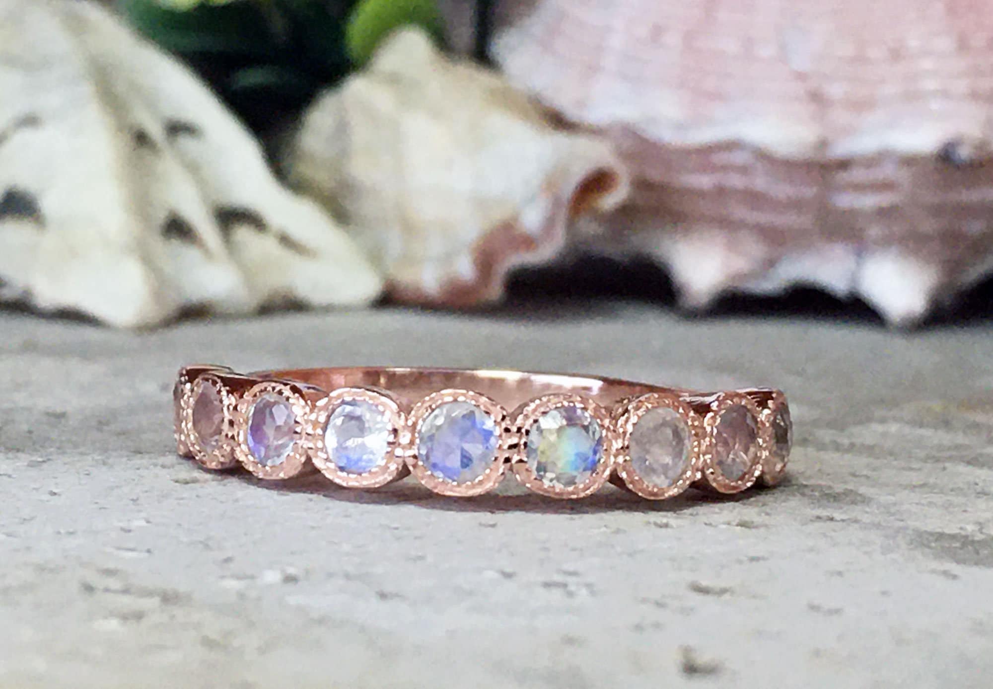 Round Rainbow Moonstone Nine-Stone Stackable Half Eternity Bezel Ring - H.L.Jewelry