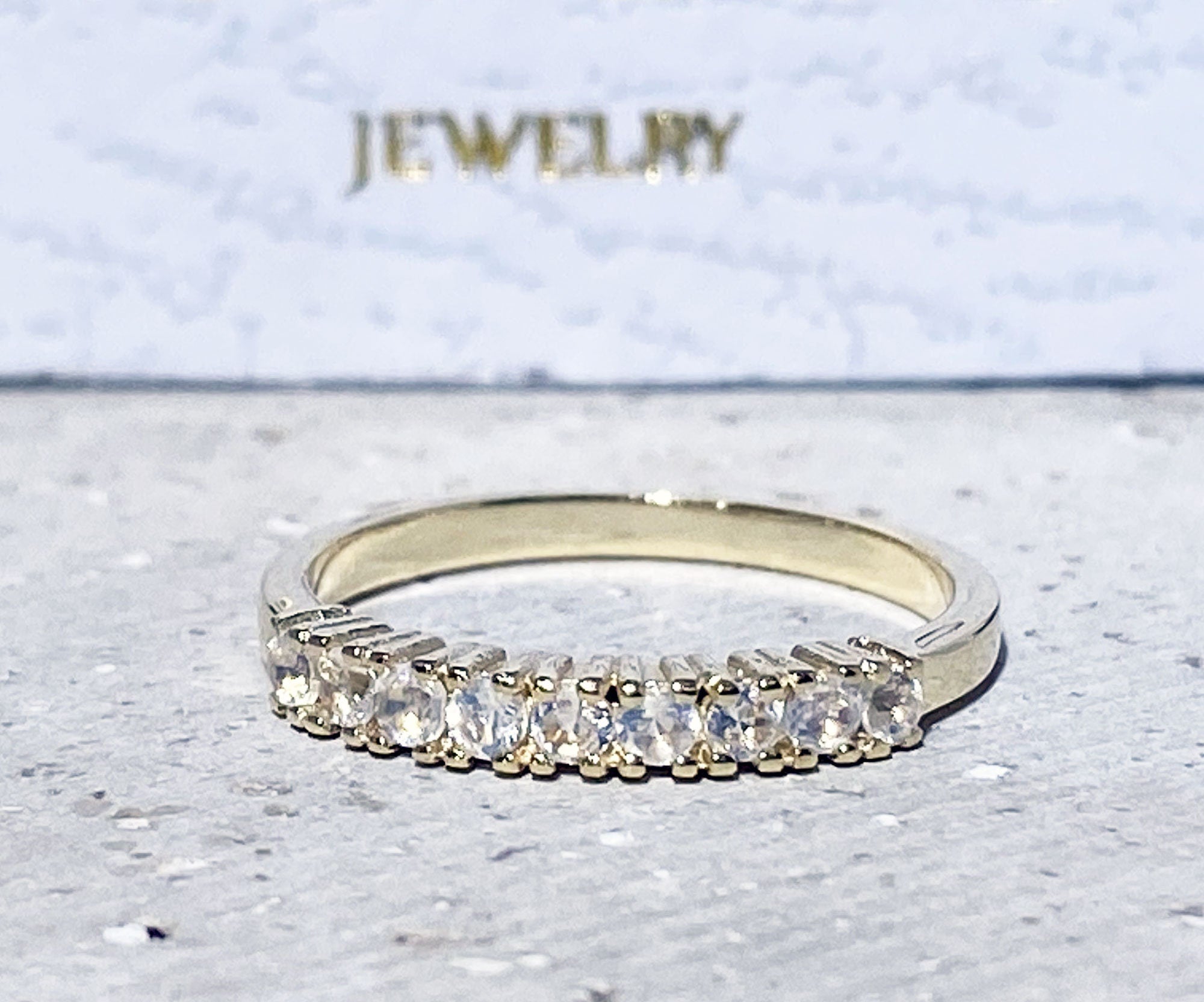 Round Rainbow Moonstone Nine-Stone Stackable Half Eternity Ring - H.L.Jewelry