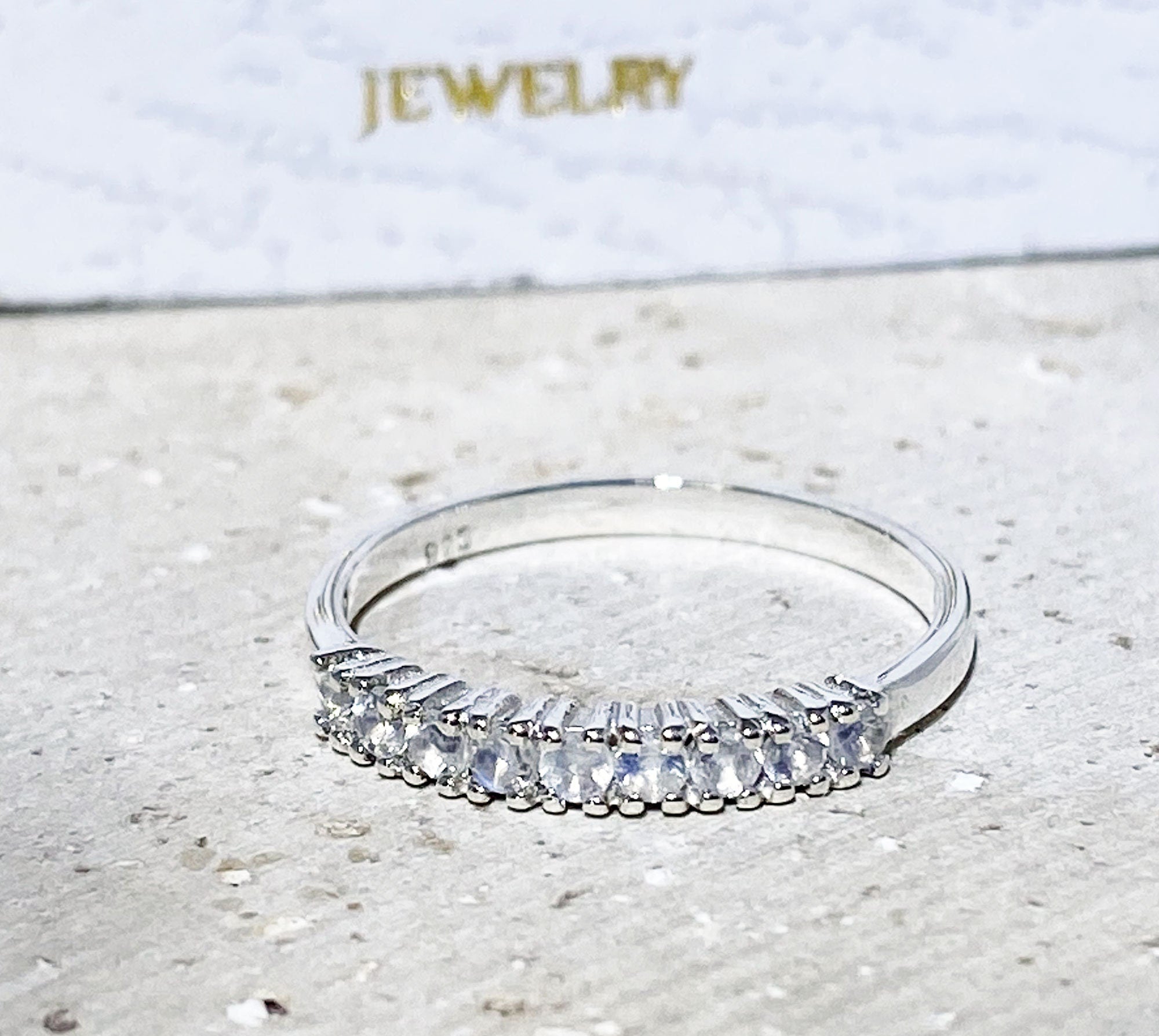 Round Rainbow Moonstone Nine-Stone Stackable Half Eternity Ring - H.L.Jewelry