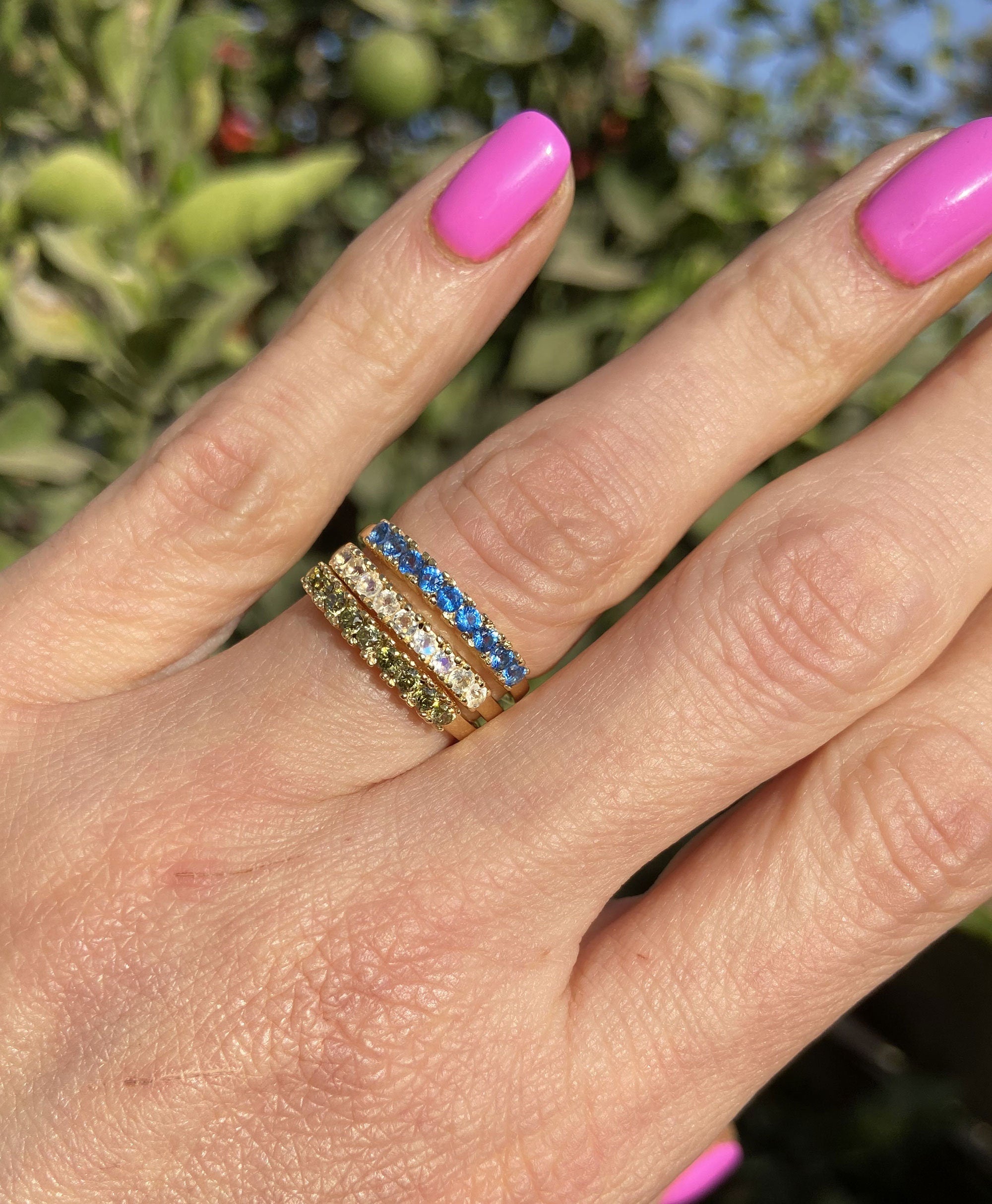 Round Rainbow Moonstone Nine-Stone Stackable Half Eternity Ring - H.L.Jewelry