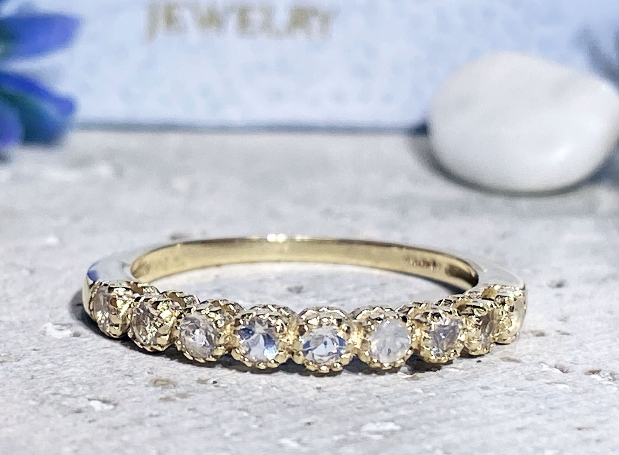 Round Rainbow Moonstone Nine-Stone Stackable Half Eternity Ring - H.L.Jewelry