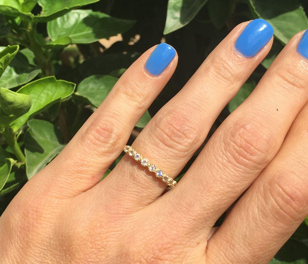 Round Rainbow Moonstone Nine-Stone Stackable Half Eternity Ring - H.L.Jewelry