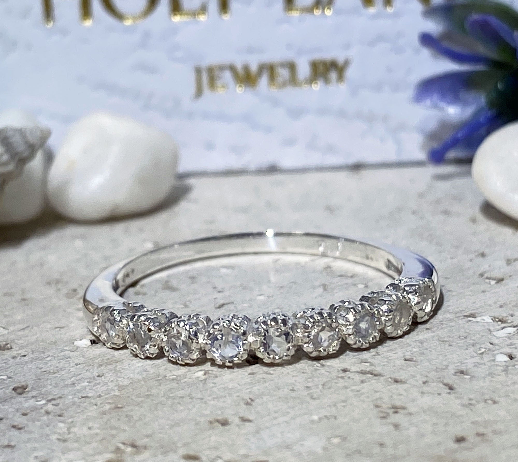 Round Rainbow Moonstone Nine-Stone Stackable Half Eternity Ring - H.L.Jewelry