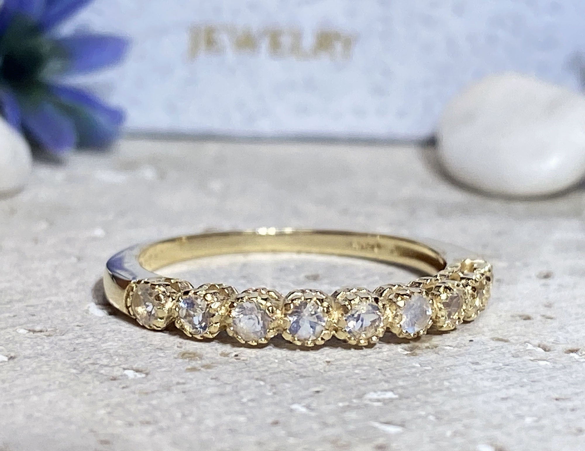 Round Rainbow Moonstone Nine-Stone Stackable Half Eternity Ring - H.L.Jewelry