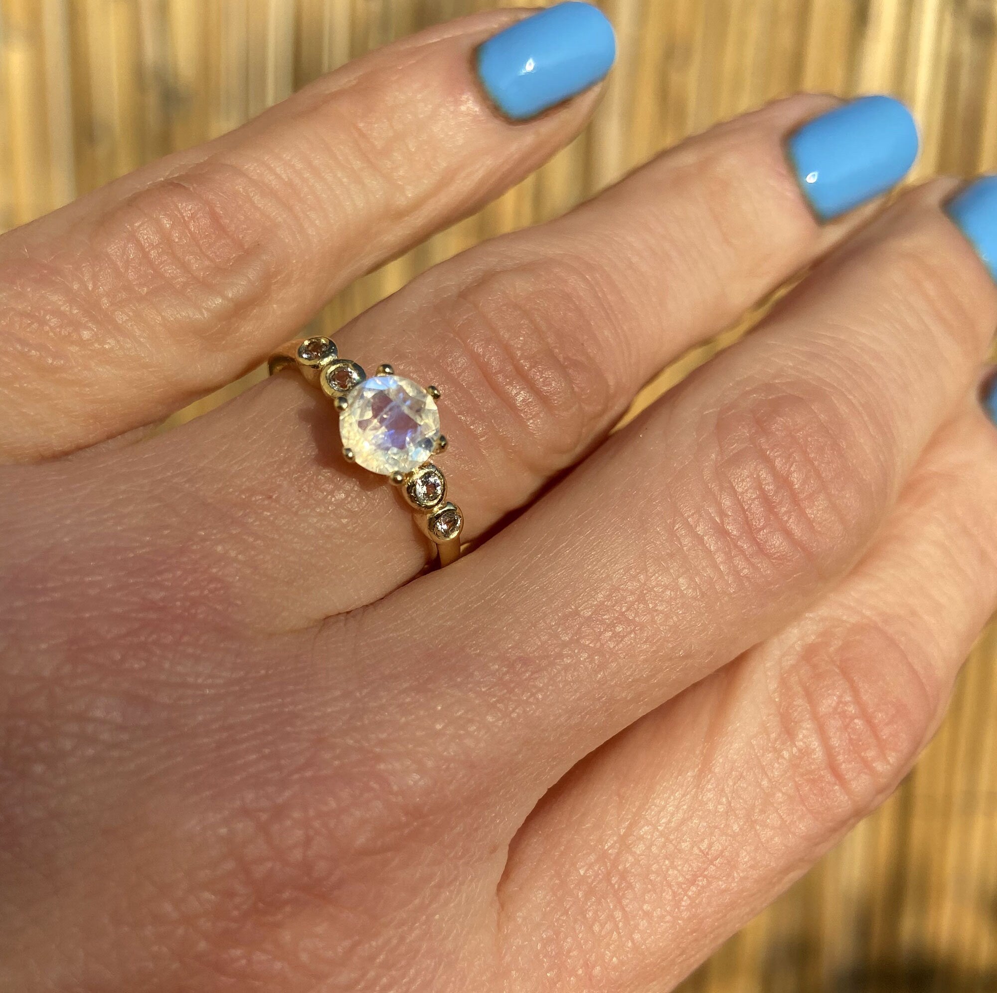 Round Rainbow Moonstone Ring with Clear Quartz Accents - H.L.Jewelry